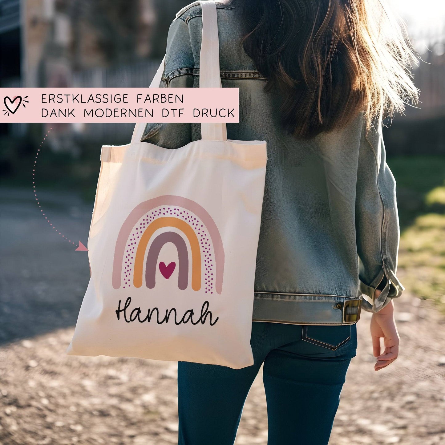 Regenbogen Orange Stofftasche Tasche Kinder-Beutel mit Namen als Sporttasche, Wechselwäsche, Tragetasche - Kita, Schule & Kindergarten - 04 kleinebuchstaben