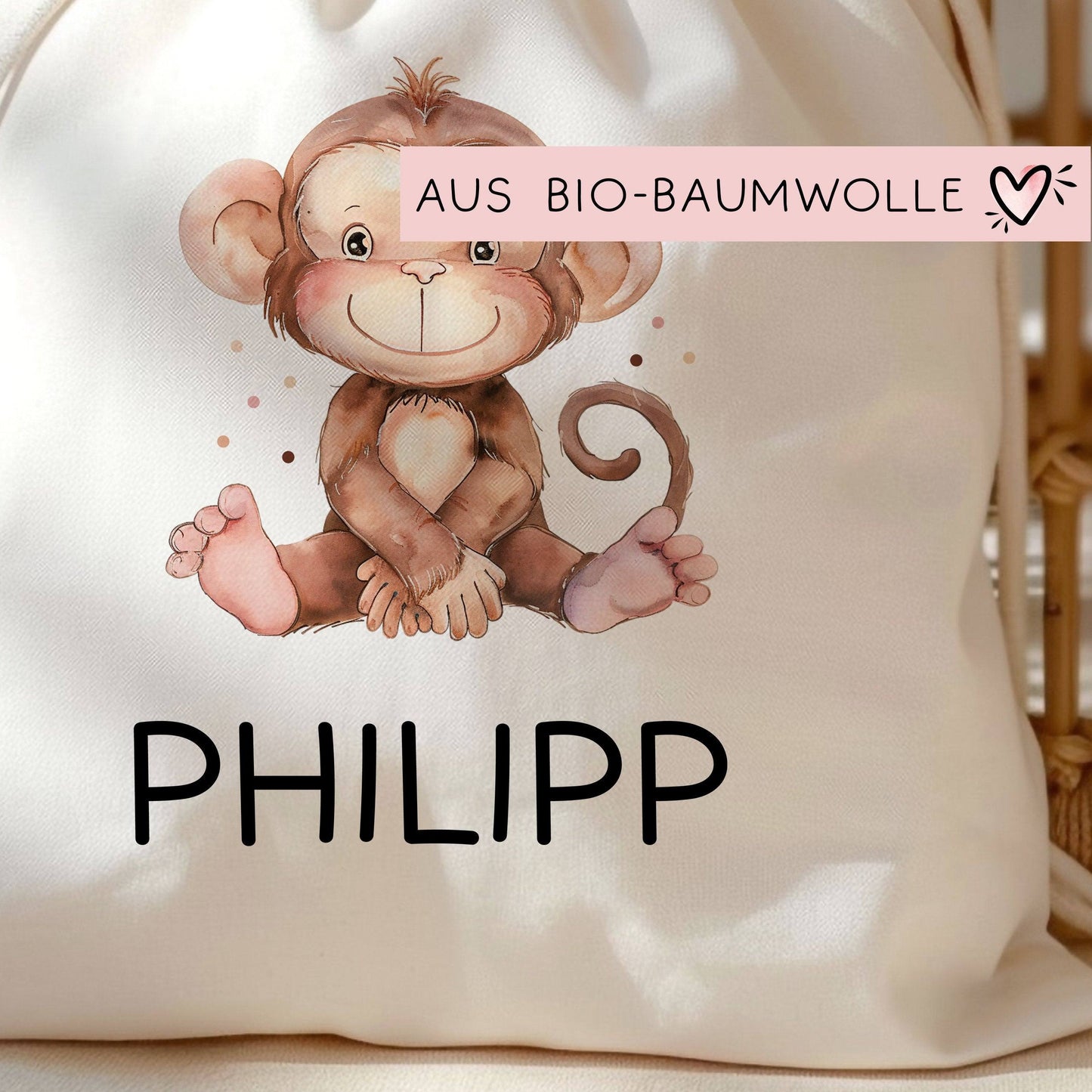 Personalisierter Turnbeutel mit einem Affe | mit Wunschnamen | Tierkinder | Rucksack für Schule, Kindergarten, KITA und KIGA - Wäschebeutel kleinebuchstaben