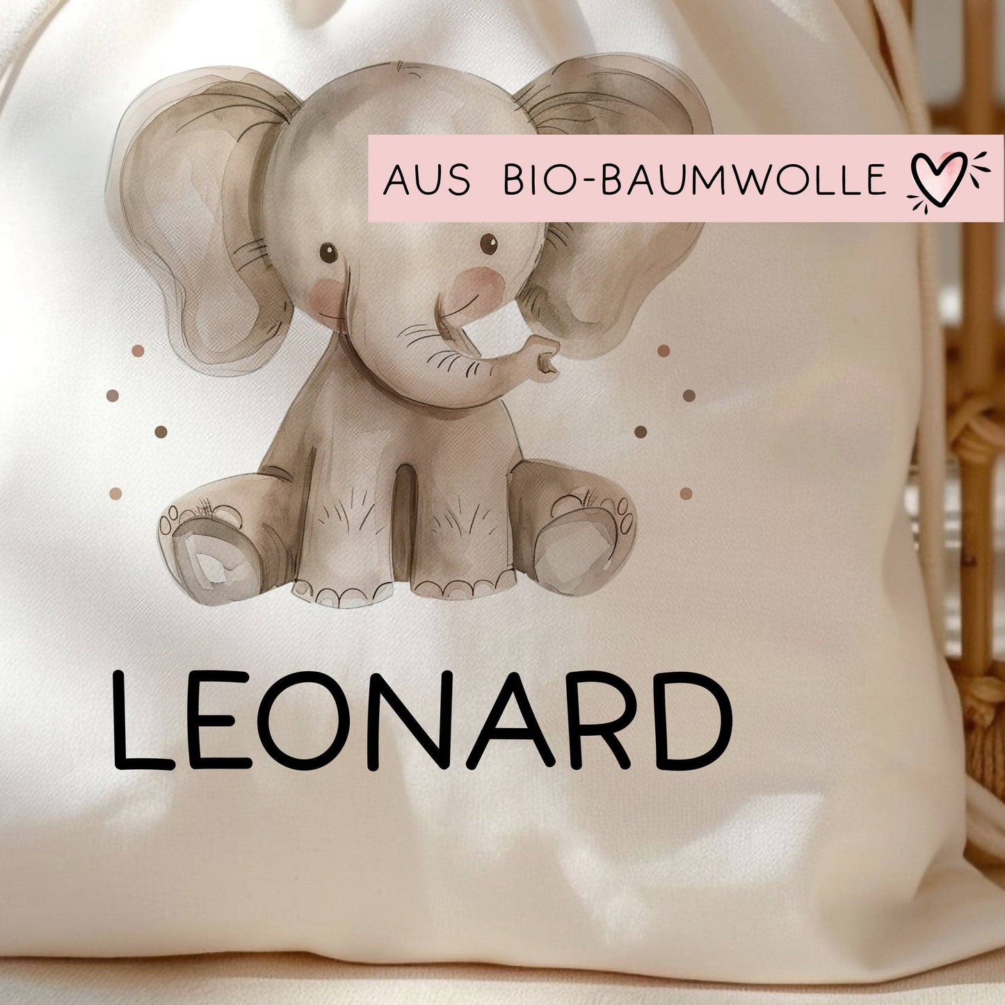 Personalisierter Turnbeutel mit einem Elefant | mit Wunschnamen | Tierkinder | Rucksack für Schule, Kindergarten, KITA und KIGA Wäschebeutel kleinebuchstaben