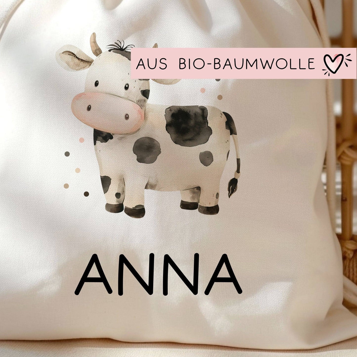 Personalisierter Turnbeutel mit einer Kuh | mit Wunschnamen | Tierkinder | Rucksack für Schule, Kindergarten, KITA und KIGA Wäschebeutel kleinebuchstaben