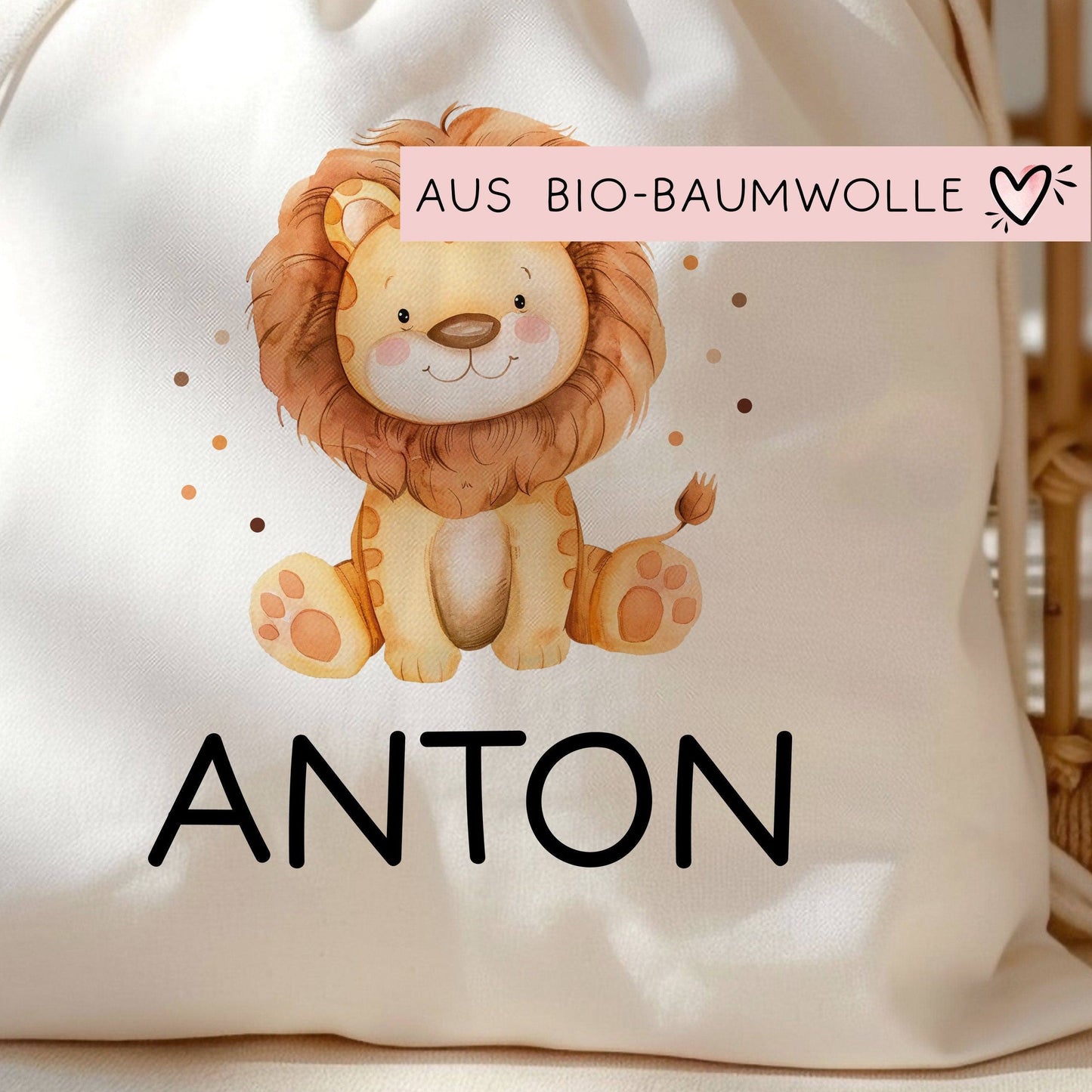 Personalisierter Turnbeutel Löwe Wunschnamen | Tierkinder | Rucksack für Schule, Kindergarten, KITA und KIGA Wäschebeutel kleinebuchstaben