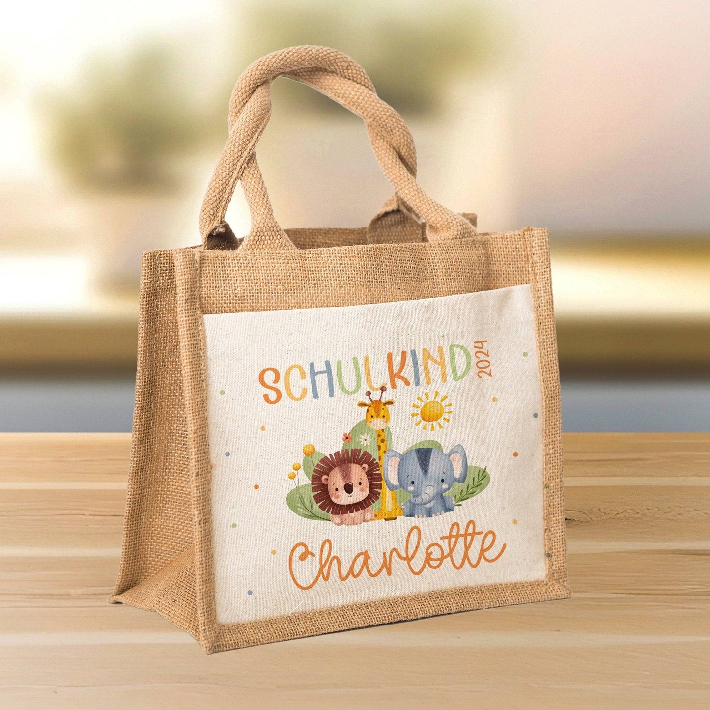 Schulkind 2024 Tasche, Zoo, Löwe Giraffe, Elefant, Schultasche, Geschenk Einschulung, personalisierte Jutetasche, Einschulungsgeschenk kleinebuchstaben