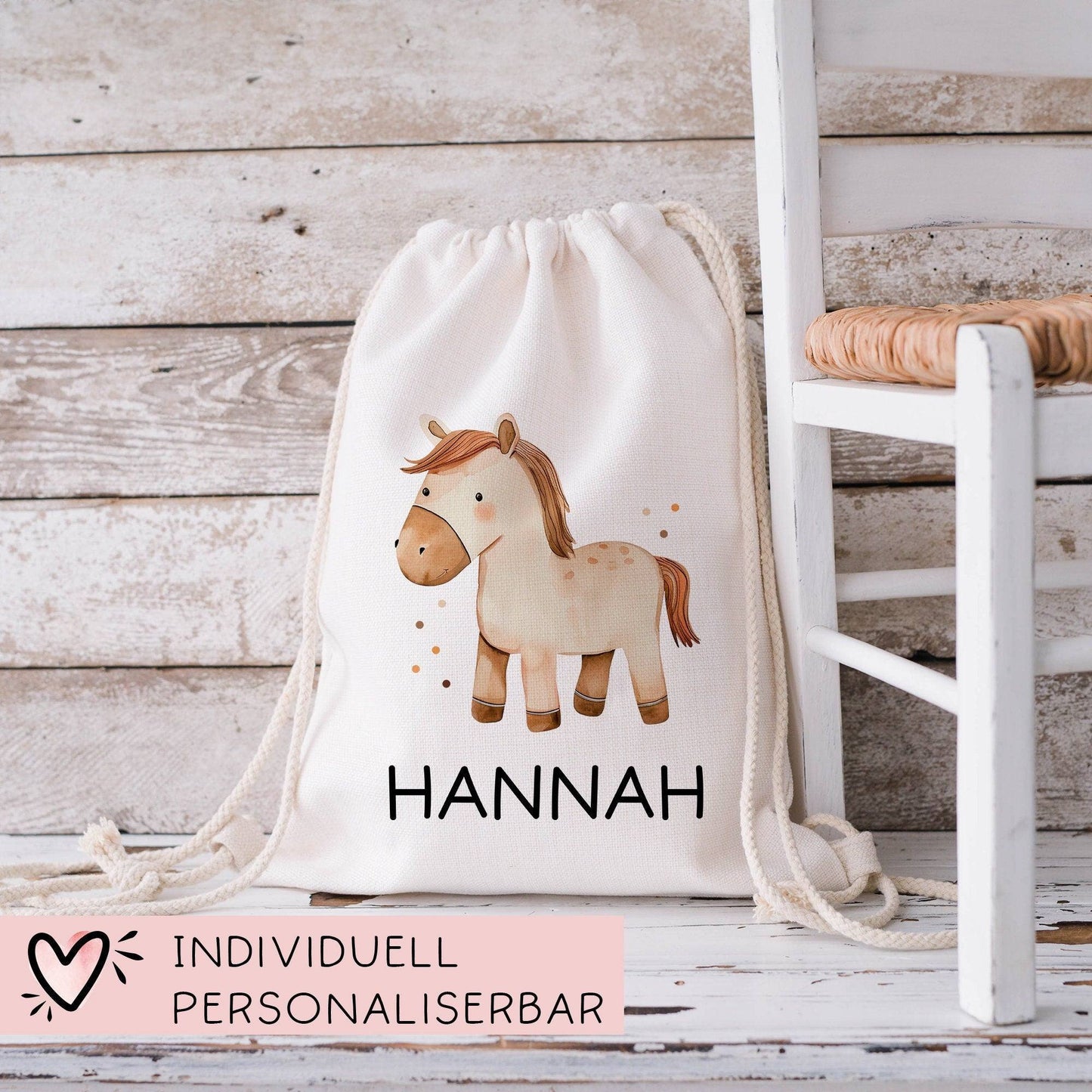 Personalisierter Turnbeutel Pferd mit Wunschnamen | Rucksack für Schule, Kindergarten, KITA , KIGA Wäschebeutel, Sportbeutel l Tierkinder kleinebuchstaben