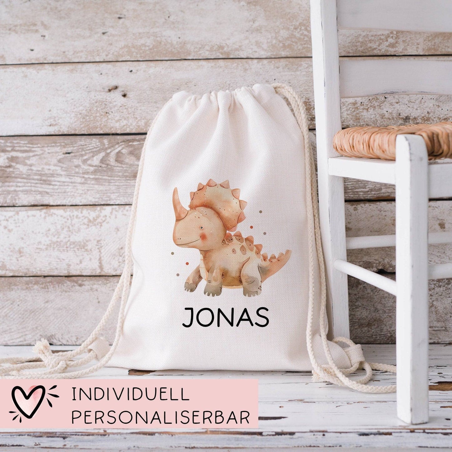 Personalisierter Turnbeutel Dinosaurier Dino "Triceratops " mit Wunschnamen |Rucksack für Schule, Kindergarten,KITA,Wäschebeutel,Sportbeutel kleinebuchstaben