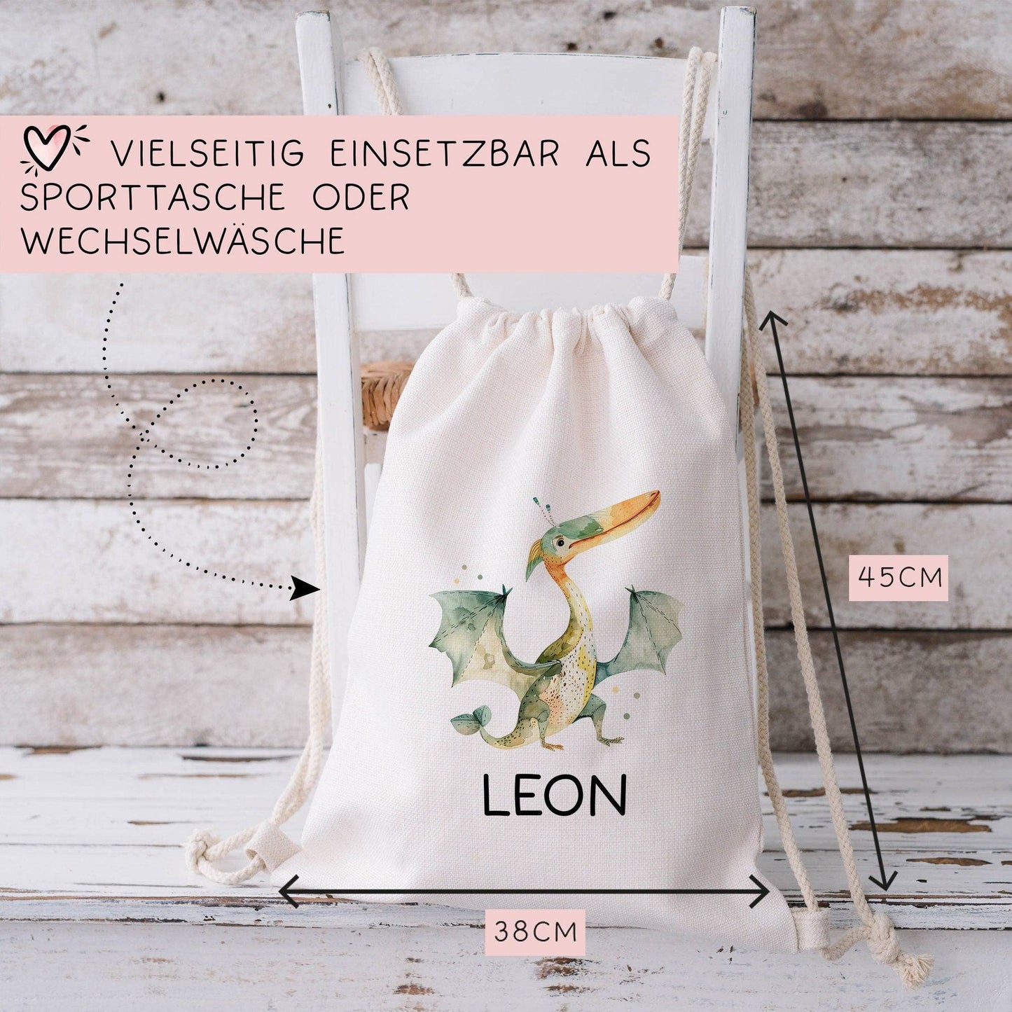 Personalisierter Turnbeutel Dinosaurier Dino "Pteranodon" mit Wunschnamen |Rucksack für Schule, Kindergarten, KITA, Wäschebeutel,Sportbeutel kleinebuchstaben