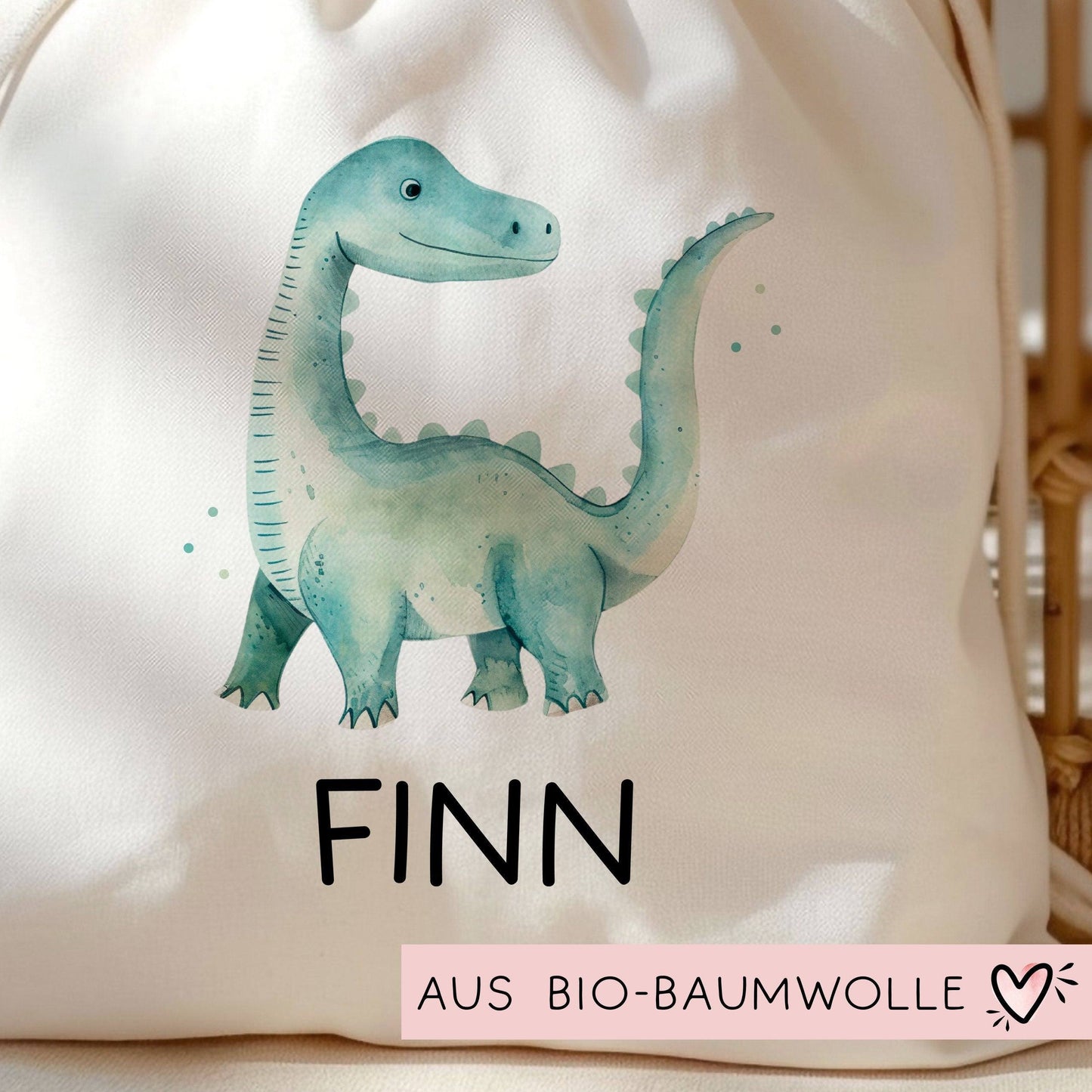 Personalisierter Turnbeutel Dino Dinosaurier "Brontosaurus" mit Wunschnamen | Rucksack Schule, Kindergarten, KITA, Wäschebeutel, Sportbeutel kleinebuchstaben