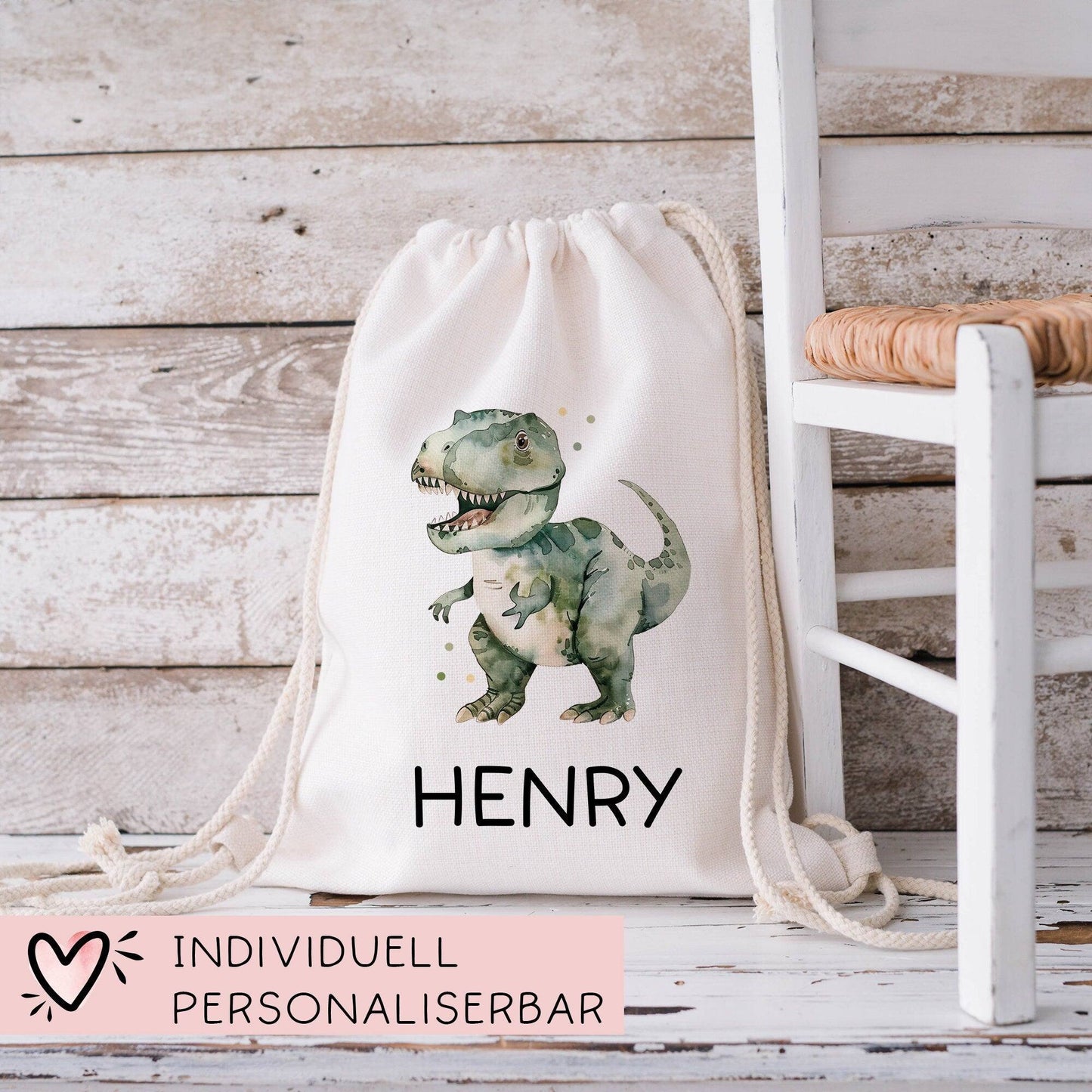 Tyrannosaurus Rex Turnbeutel Dino Dinosaurier Personalisiert mit Wunschnamen | Rucksack Schule, Kindergarten, KITA, Wäschebeutel,Sportbeutel kleinebuchstaben