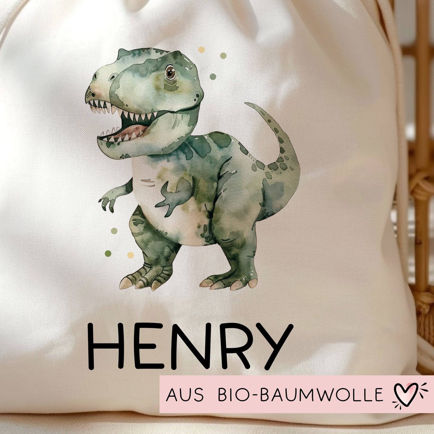 Tyrannosaurus Rex Turnbeutel Dino Dinosaurier Personalisiert mit Wunschnamen | Rucksack Schule, Kindergarten, KITA, Wäschebeutel,Sportbeutel kleinebuchstaben