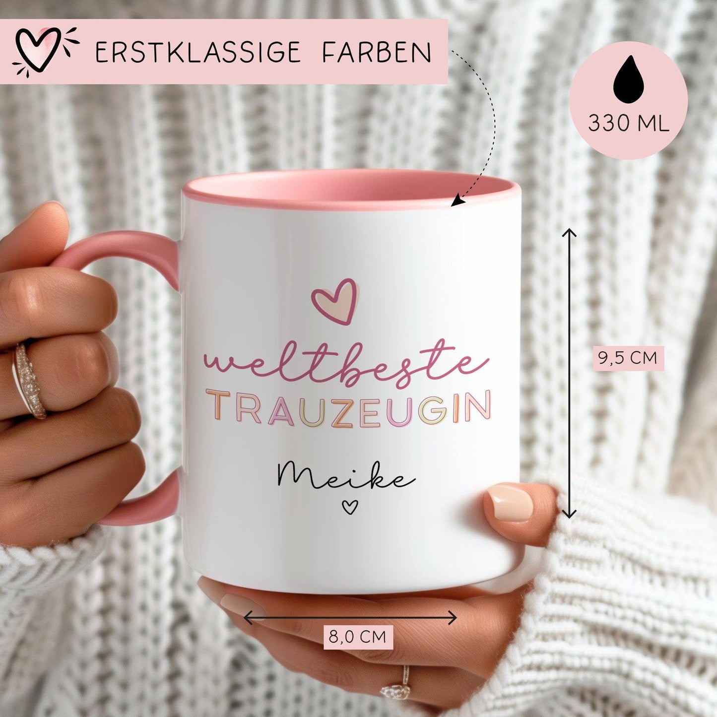 Weltbeste Trauzeugin Tasse mit Namen - Geschenk personalisiert Geschenk Trauzeugin Brautjungfer zum Geburtstag, Ostern, Weihnachten kleinebuchstaben Weltbeste Trauzeugin Innen & Henkel Rosa