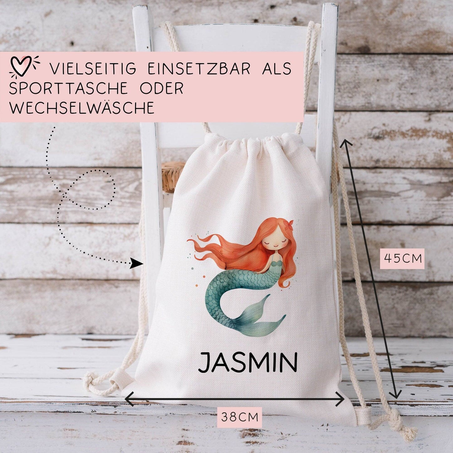 Meerjungfrau Turnbeutel Personalisiert | Nixe mit Wunschnamen Rucksack Schule, Kindergarten, KITA, Wäschebeutel, Sportbeutel, Wechselwäsche kleinebuchstaben