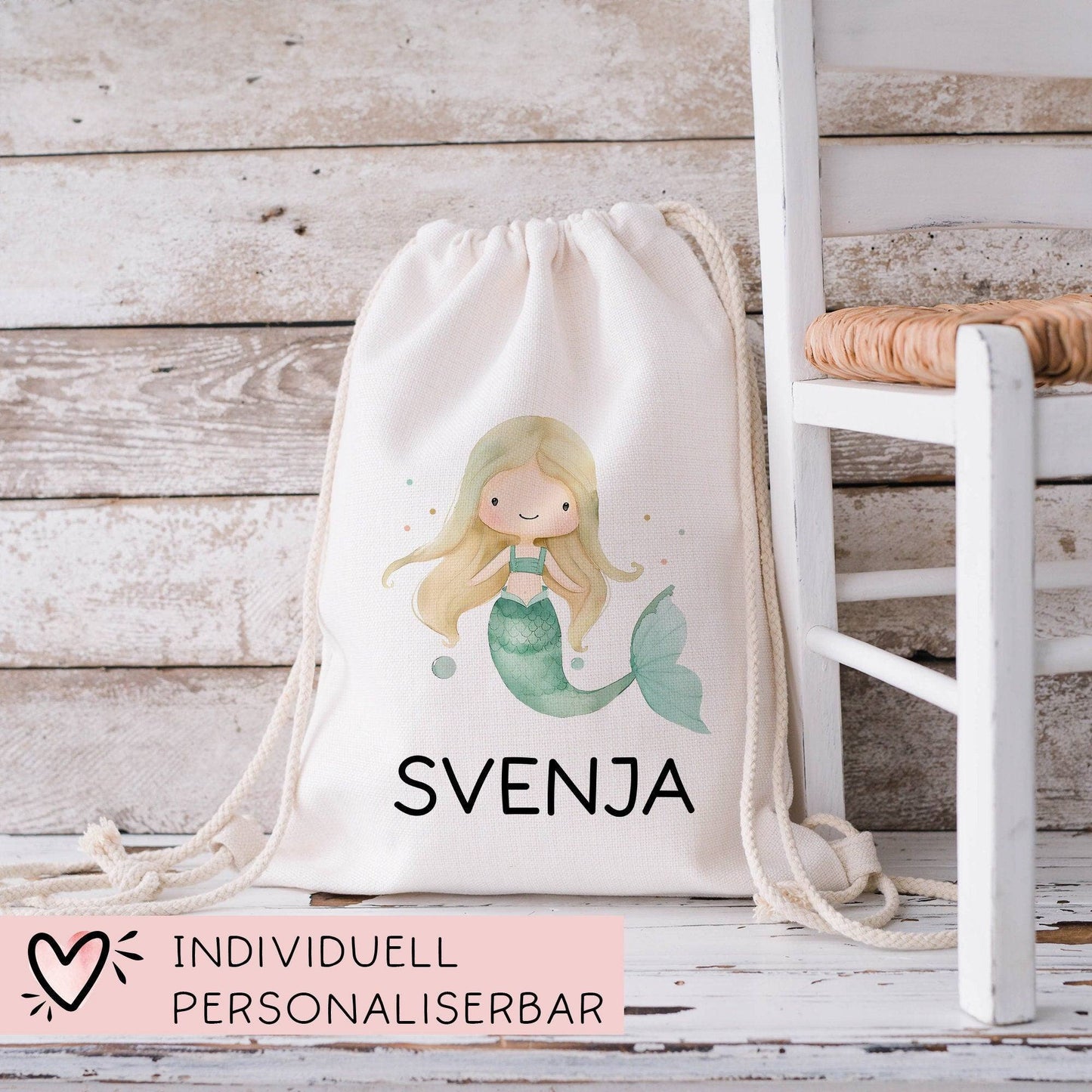 Sportbeutel Meerjungfrau Personalisiert | Nixe mit Wunschnamen Rucksack Schule, Kindergarten, KITA, Wäschebeutel, Turnbeutel, Wechselwäsche kleinebuchstaben