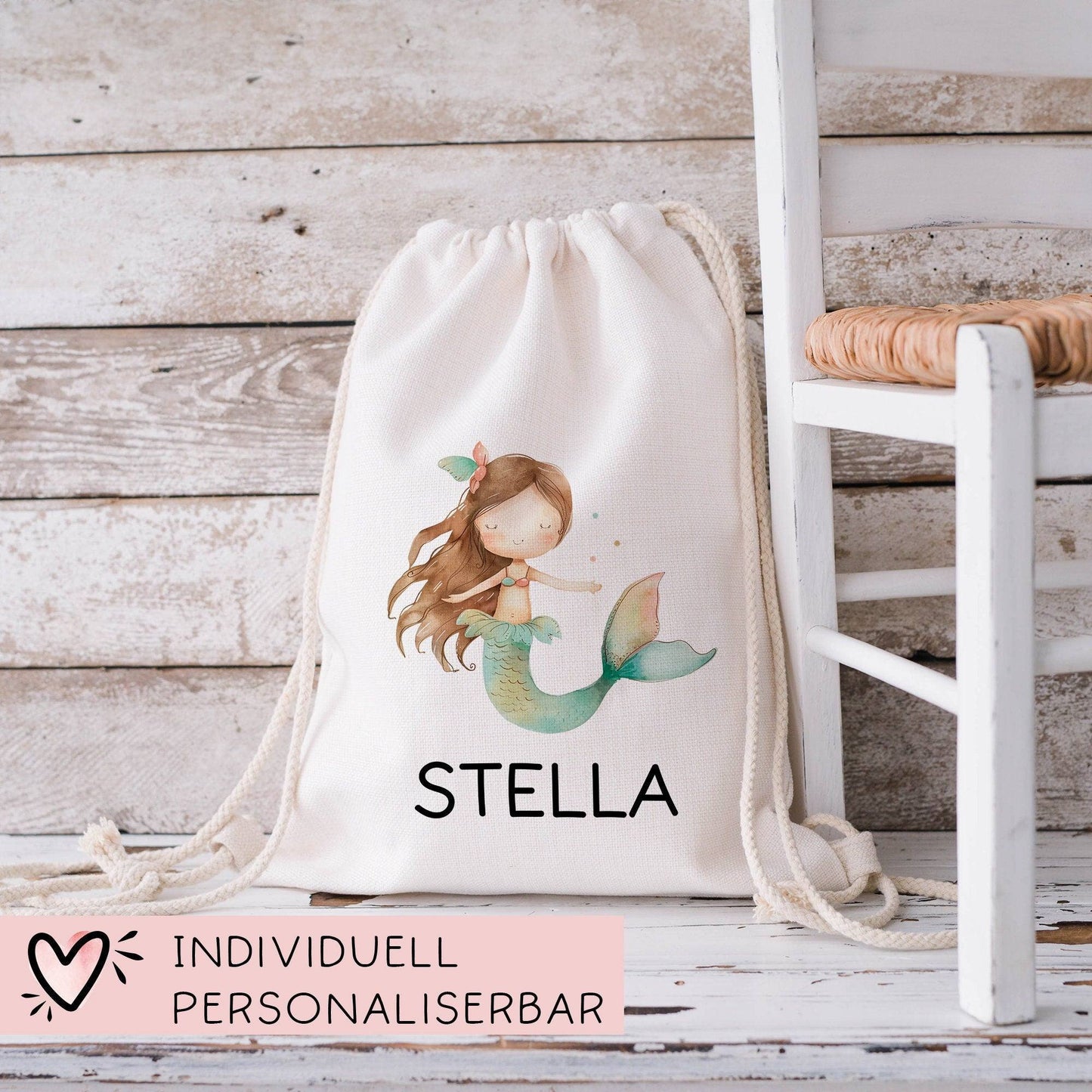 Sportbeutel Meerjungfrau Personalisiert | Nixe mit Wunschnamen Rucksack Schule, Kindergarten, KITA, Wäschebeutel, Turnbeutel, Wechselwäsche kleinebuchstaben