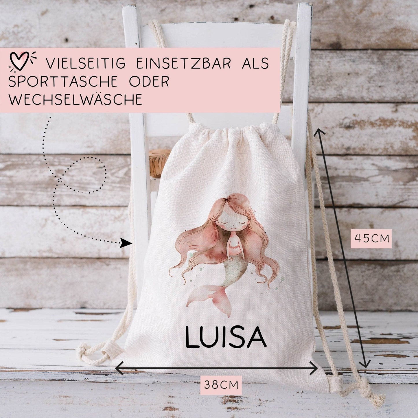 Meerjungfrau Turnbeutel Personalisiert | Nixe mit Wunschnamen Rucksack Schule, Kindergarten, KITA, Wäschebeutel, Sportbeutel, Wechselwäsche kleinebuchstaben