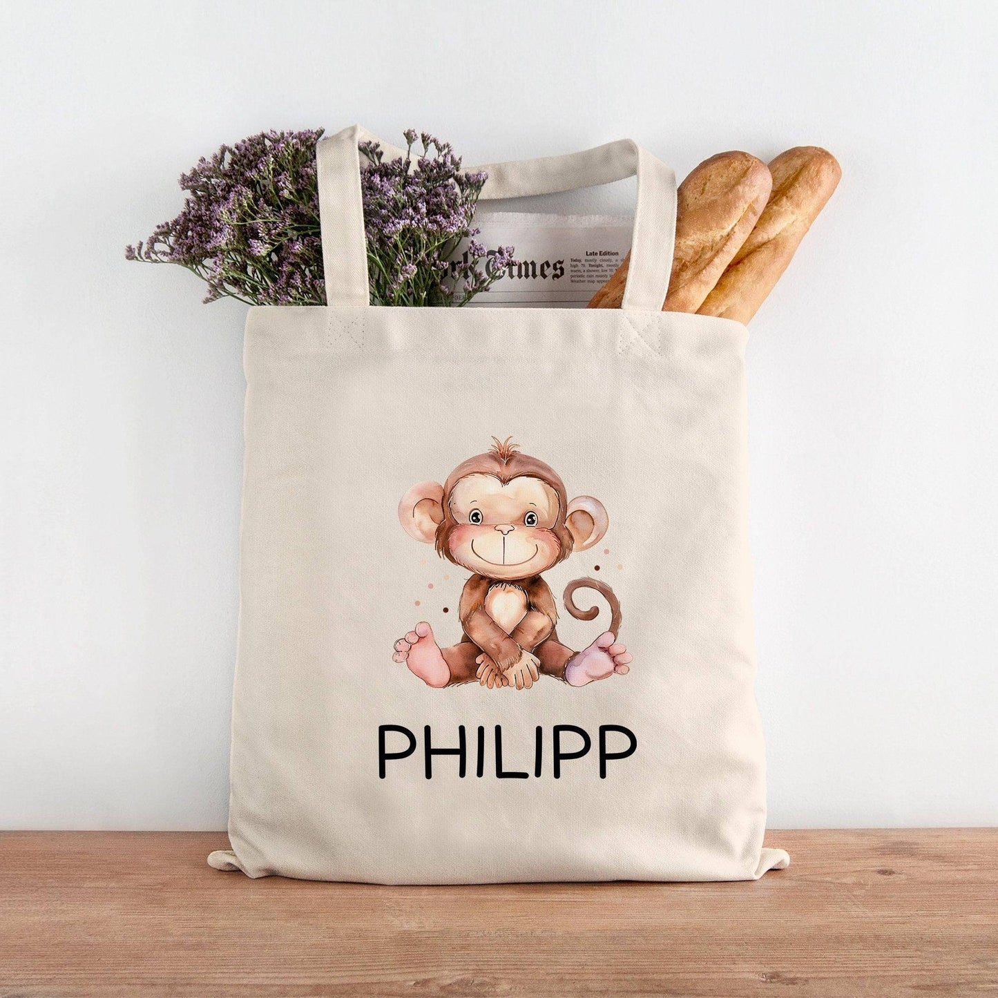 Kinder-Beutel mit Namen personalisiert - Affe - Stofftasche als Sporttasche, Wechselwäsche, Tragetasche - Kita, Kiga, Schule & Kindergarten kleinebuchstaben