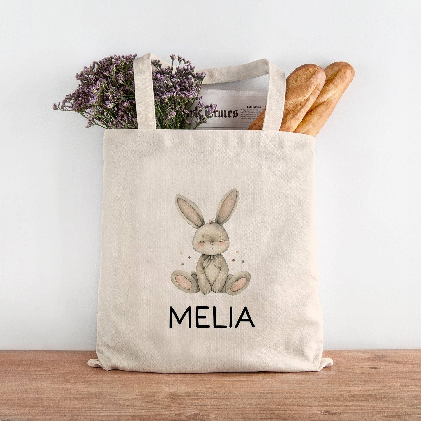 Kinder-Beutel mit Namen personalisiert - Hase - Stofftasche als Sporttasche, Wechselwäsche, Tragetasche - Kita, Schule & Kindergarten kleinebuchstaben