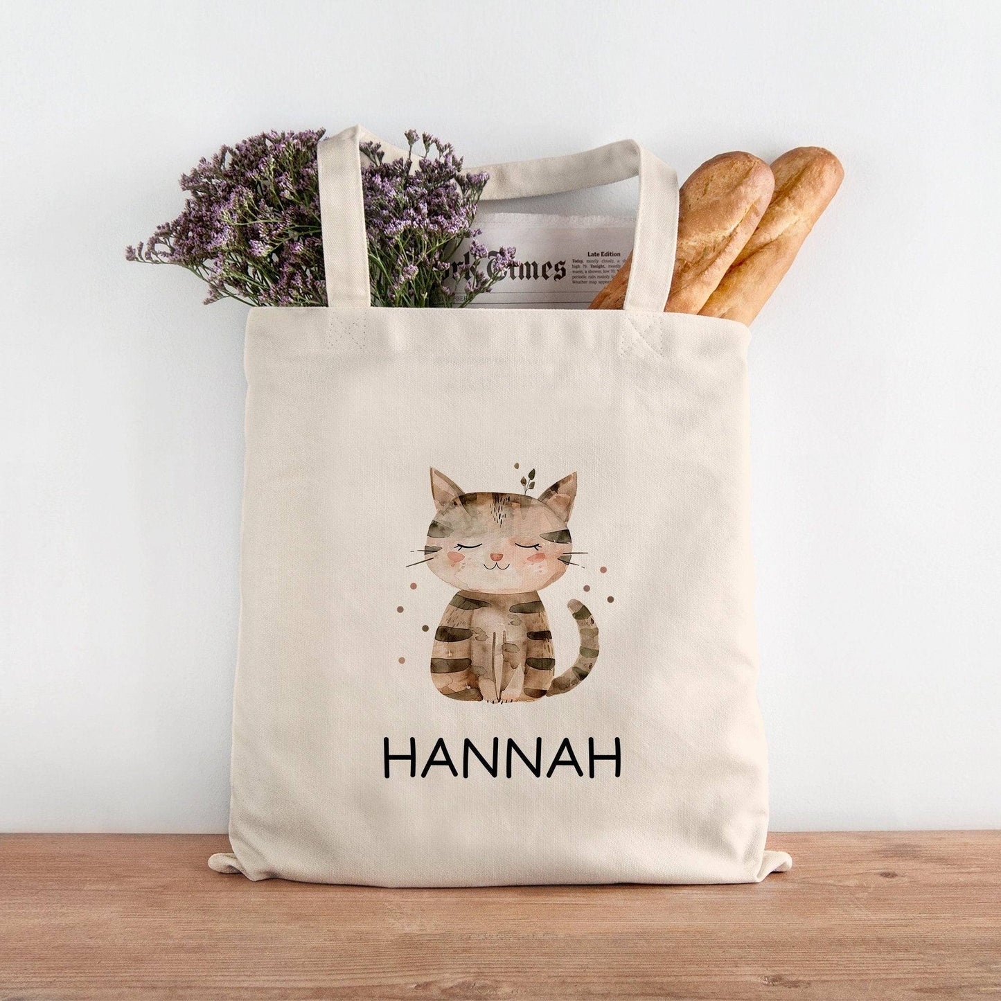 Kinder-Beutel mit Namen personalisiert - Katze - Stofftasche als Sporttasche, Wechselwäsche, Tragetasche - Kita, Kiga, Schule & Kindergarten kleinebuchstaben