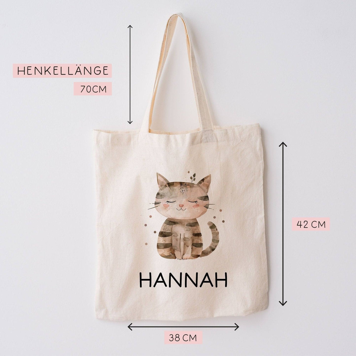 Kinder-Beutel mit Namen personalisiert - Katze - Stofftasche als Sporttasche, Wechselwäsche, Tragetasche - Kita, Kiga, Schule & Kindergarten kleinebuchstaben