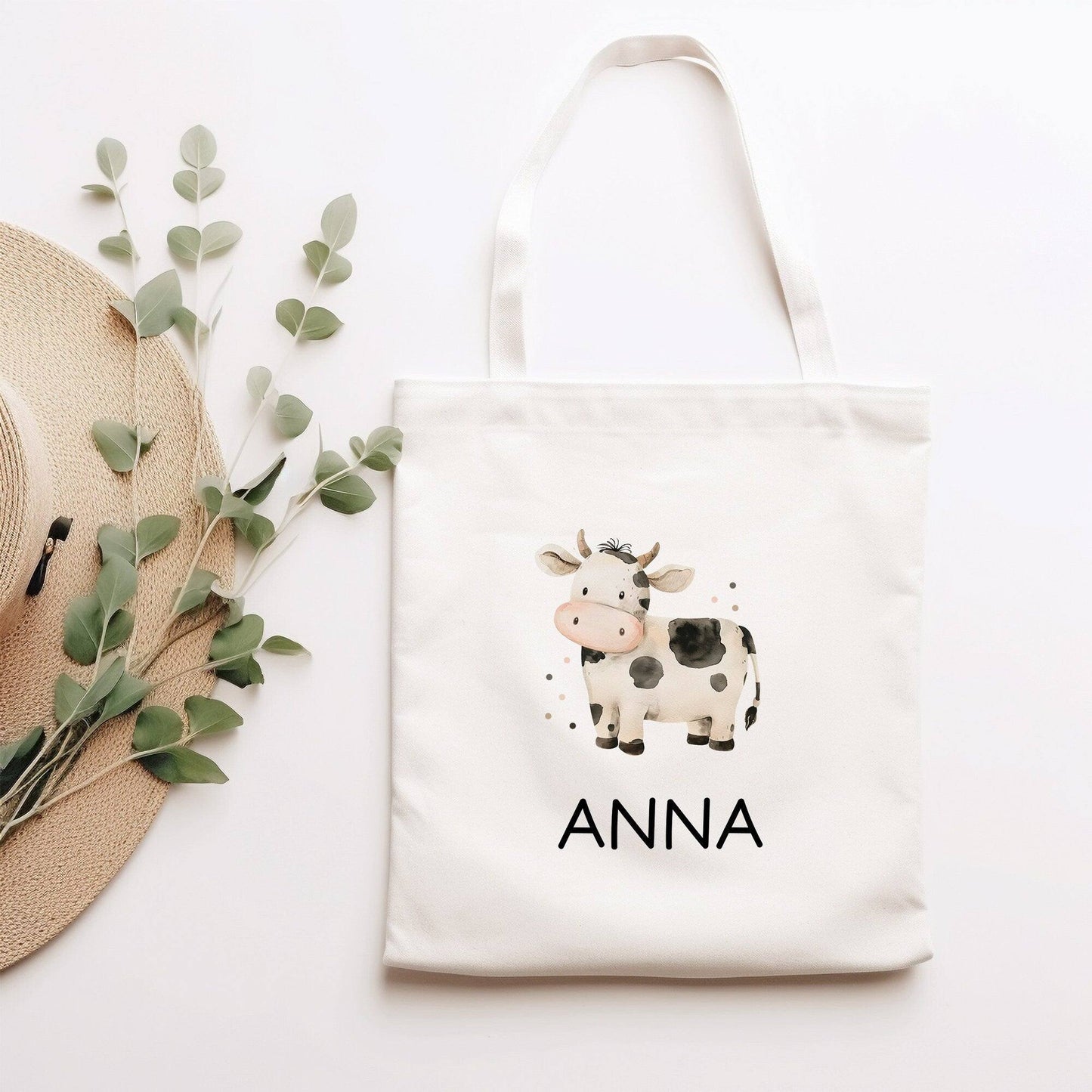 Stofftasche Kuh mit Namen personalisiert Kinder-Beutel als Sporttasche, Wechselwäsche, Stoffbeutel - Kita, Kiga, Schule & Kindergarten kleinebuchstaben