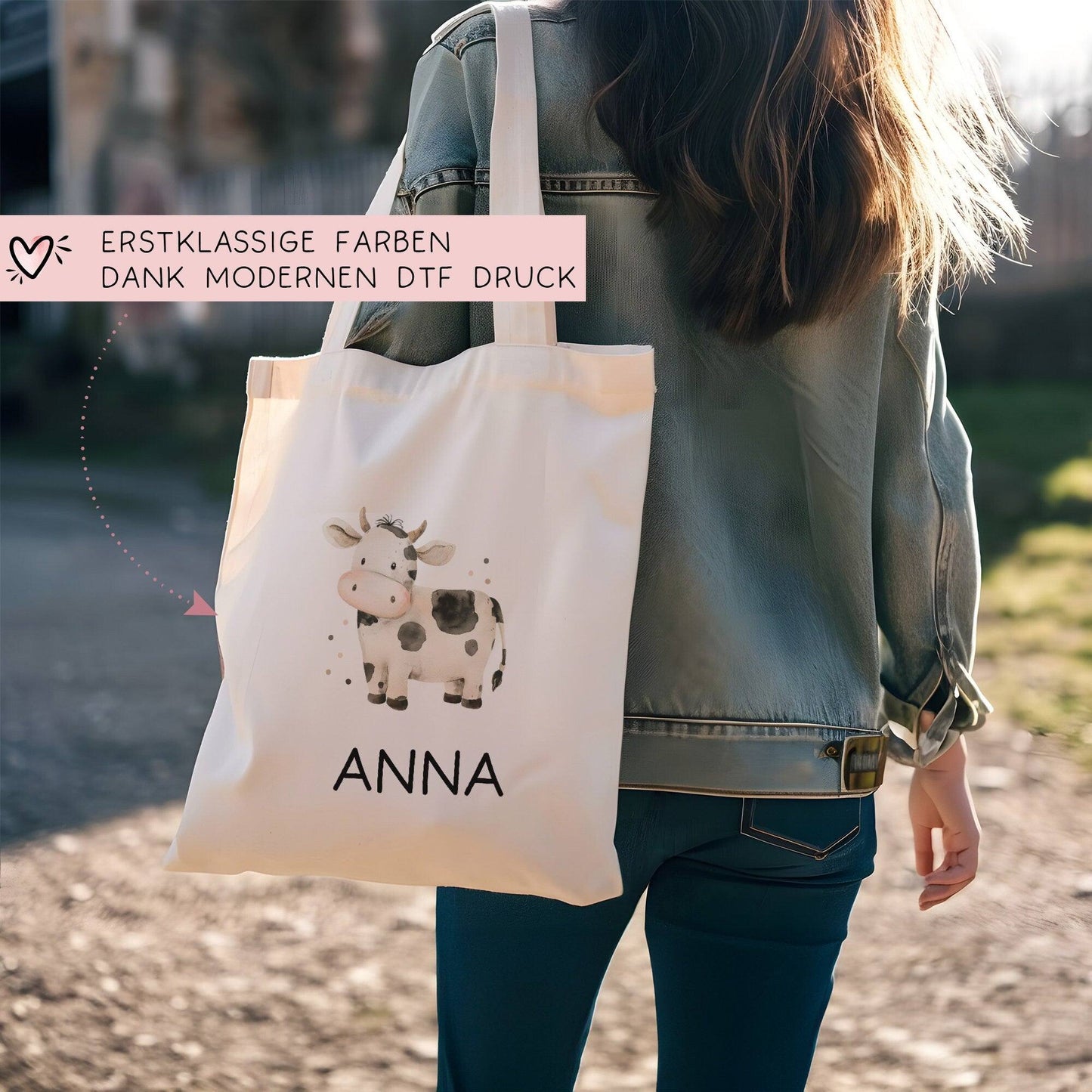 Stofftasche Kuh mit Namen personalisiert Kinder-Beutel als Sporttasche, Wechselwäsche, Stoffbeutel - Kita, Kiga, Schule & Kindergarten kleinebuchstaben