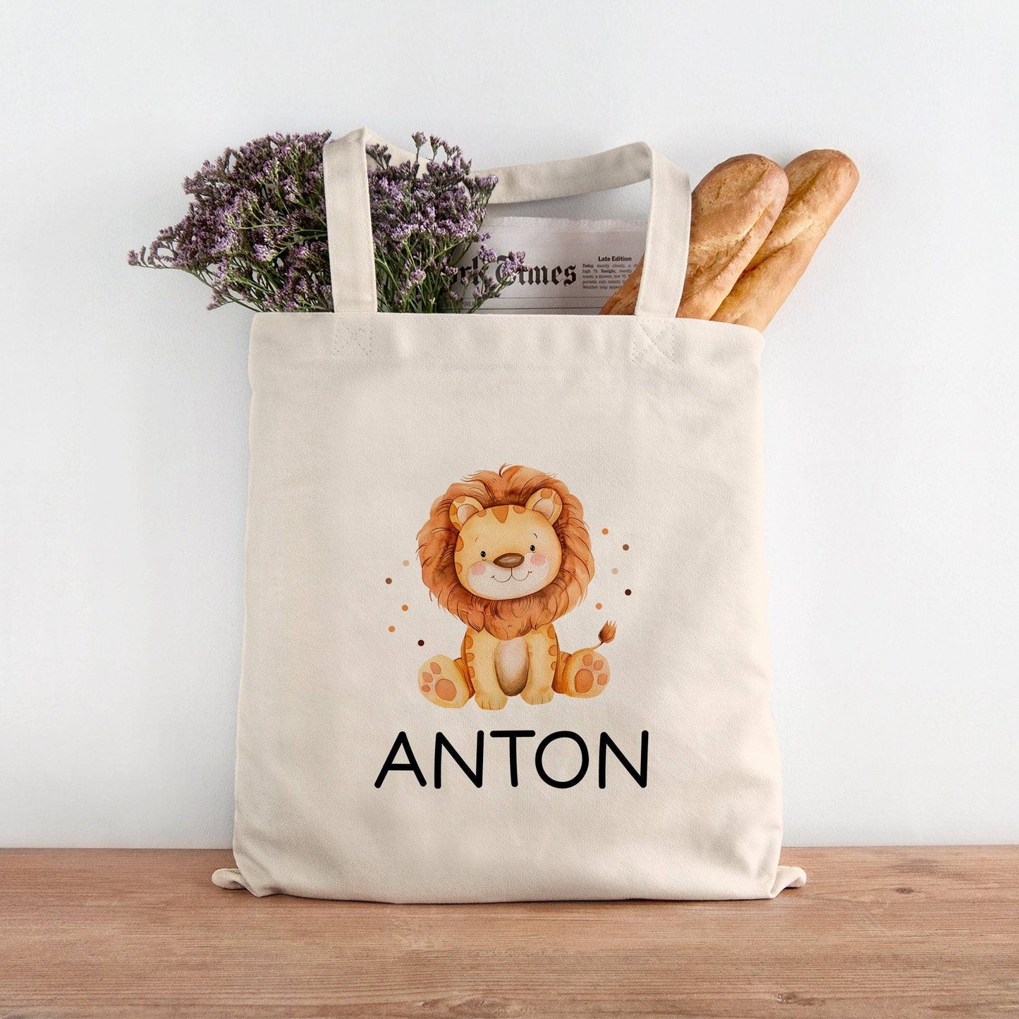 Einschulung Stofftasche mit Namen Löwe personalisiert Kinder-Beutel als Sporttasche, Wechselwäsche, Stoffbeutel -Kita, Schule & Kindergarten kleinebuchstaben