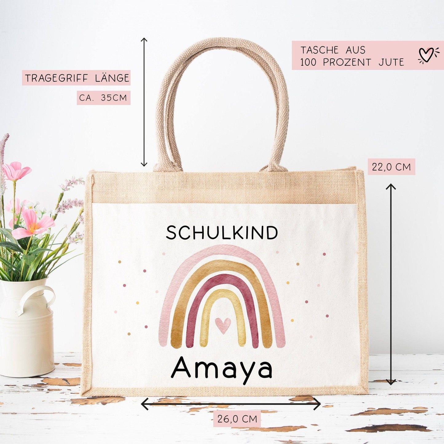 Personalisierte Einschulung Jute Pocket Tasche | mit Wunschnamen | Schulkind Regenbogen Herz als Geschenktasche für Schulanfang - 1 Schultag kleinebuchstaben
