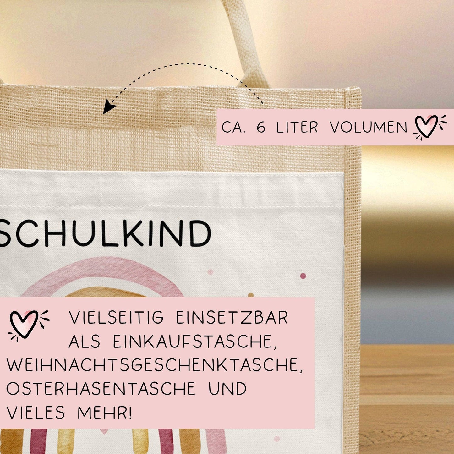 Personalisierte Einschulung Jute Pocket Tasche | mit Wunschnamen | Schulkind Regenbogen Herz als Geschenktasche für Schulanfang - 1 Schultag kleinebuchstaben