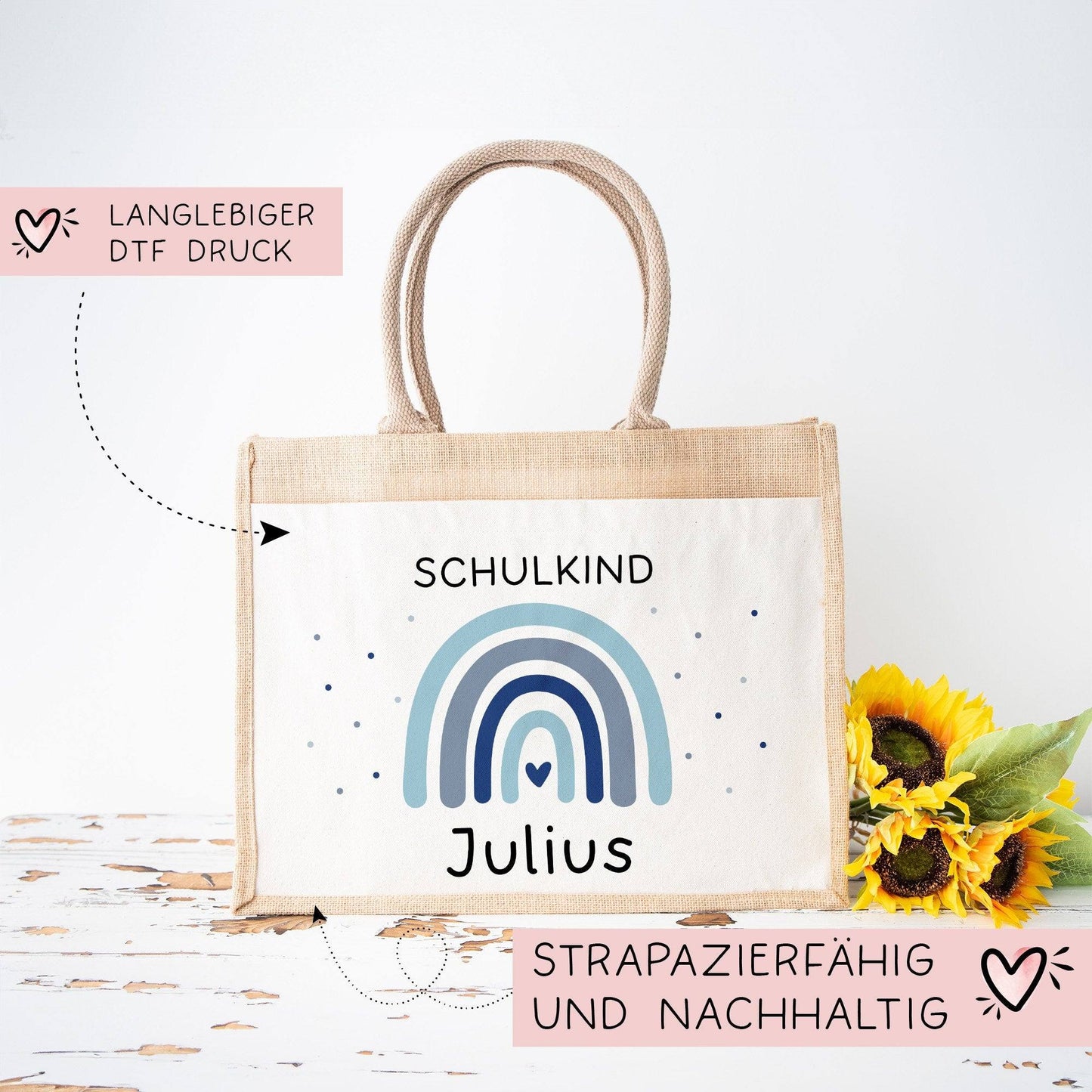 Einschulung - Personalisierte Jute Pocket Tasche | mit Wunschnamen | Schulkind Regenbogen Herz | Blau | als Geschenktasche für Schulanfang kleinebuchstaben