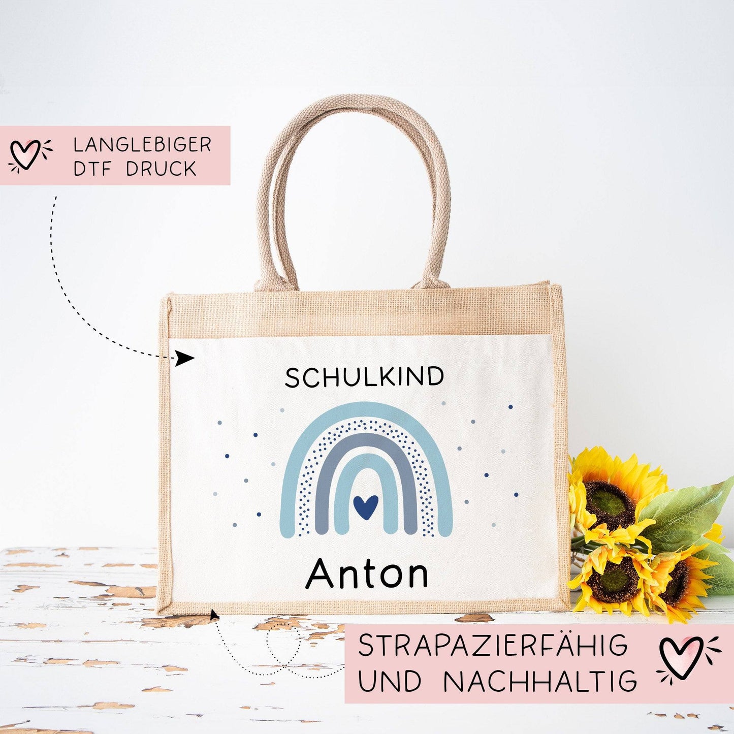 Einschulung - Personalisierte Jute Pocket Tasche | mit Wunschnamen | Schulkind Regenbogen Herz | Blau | als Geschenktasche für Schulanfang kleinebuchstaben