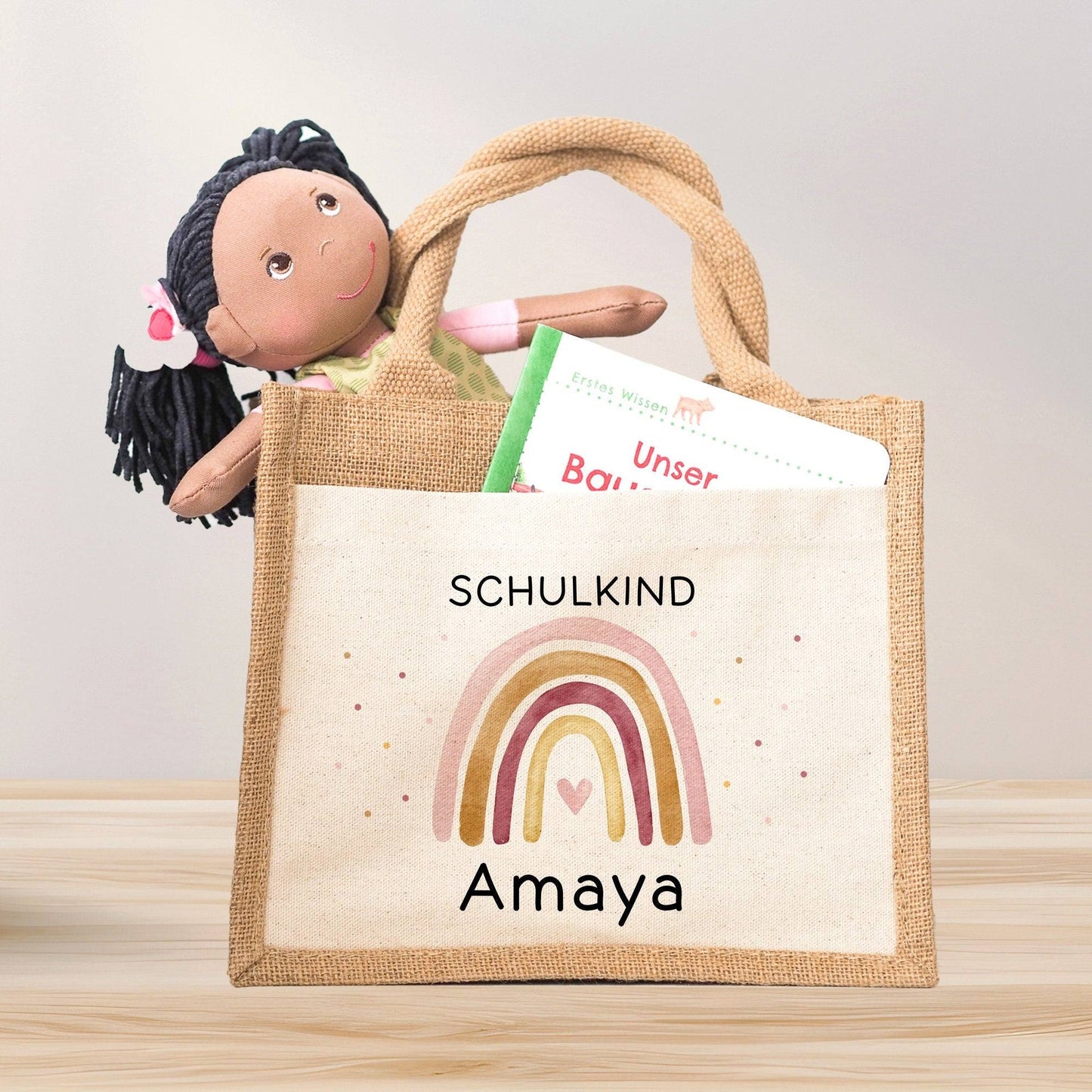 Einschulung Jute Pocket Tasche Personalisiert mit Wunschnamen | Schulkind Regenbogen Herz als Geschenktasche für Schulanfang - 1 Schultag kleinebuchstaben Regenbogen 03