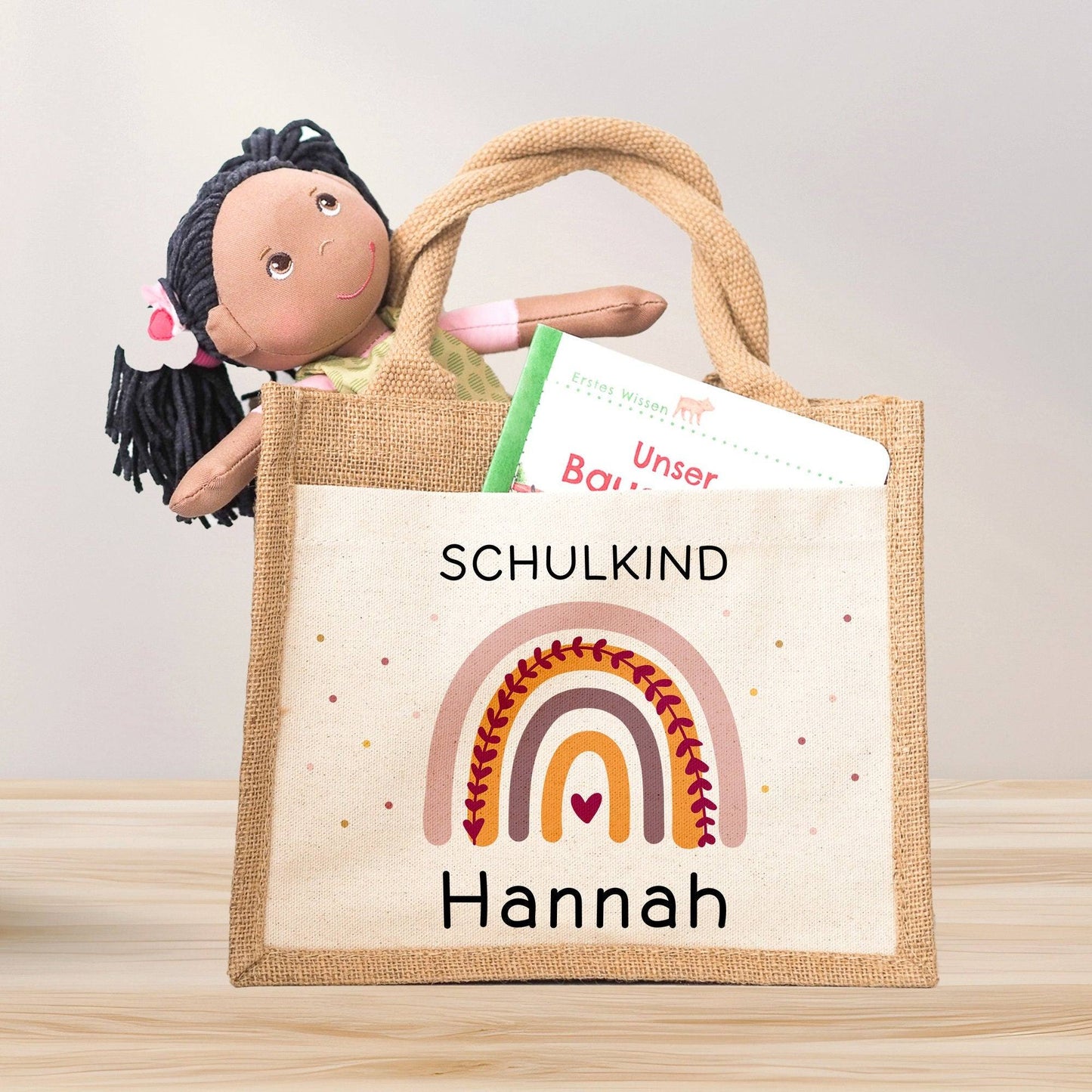 Einschulung Jute Pocket Tasche Personalisiert mit Wunschnamen | Schulkind Regenbogen Herz als Geschenktasche für Schulanfang - 1 Schultag kleinebuchstaben Regenbogen 05