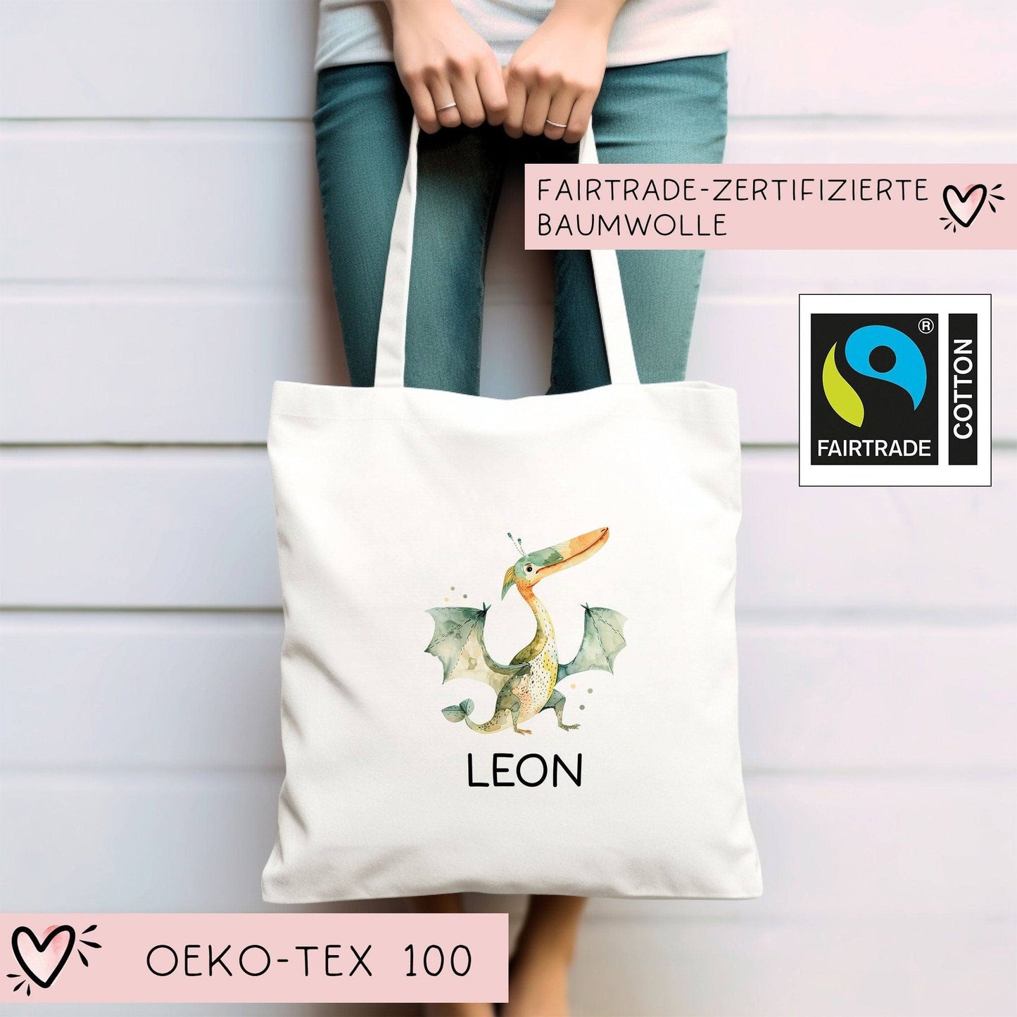 Stofftasche Tasche Dinosaurier Dino Pteranodon personalisiert Kinder-Beutel als Sporttasche, Wechselwäsche, Stoffbeutel Kita, KIGA & Schule kleinebuchstaben