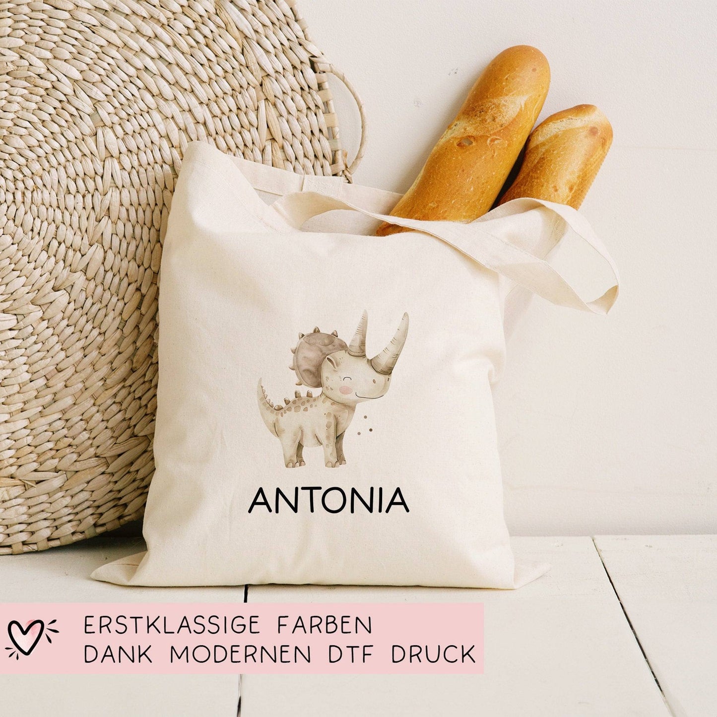 Dinosaurier Dino Stofftasche Tasche Styracosaurus personalisiert Kinder-Beutel als Sporttasche, Wechselwäsche, Stoffbeutel Kita & Schule kleinebuchstaben
