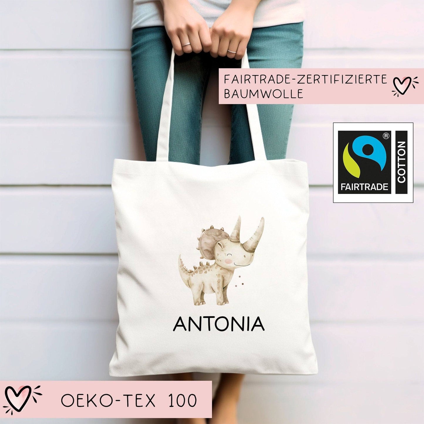 Dinosaurier Dino Stofftasche Tasche Styracosaurus personalisiert Kinder-Beutel als Sporttasche, Wechselwäsche, Stoffbeutel Kita & Schule kleinebuchstaben