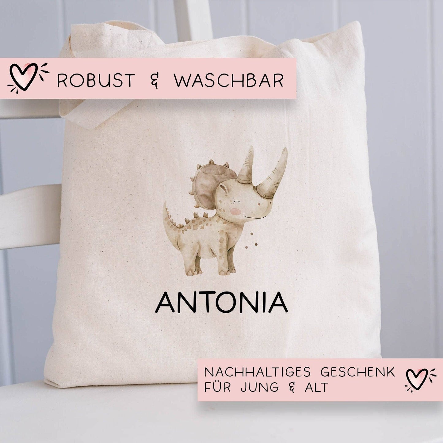 Dinosaurier Dino Stofftasche Tasche Styracosaurus personalisiert Kinder-Beutel als Sporttasche, Wechselwäsche, Stoffbeutel Kita & Schule kleinebuchstaben