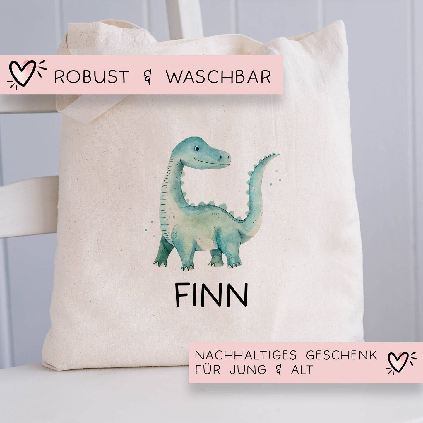 Stoffbeutel Dinosaurier Dino Stofftasche Brontosaurus Tasche personalisiert Kinder-Beutel als Sporttasche, Wechselwäsche, Kita & Schule kleinebuchstaben