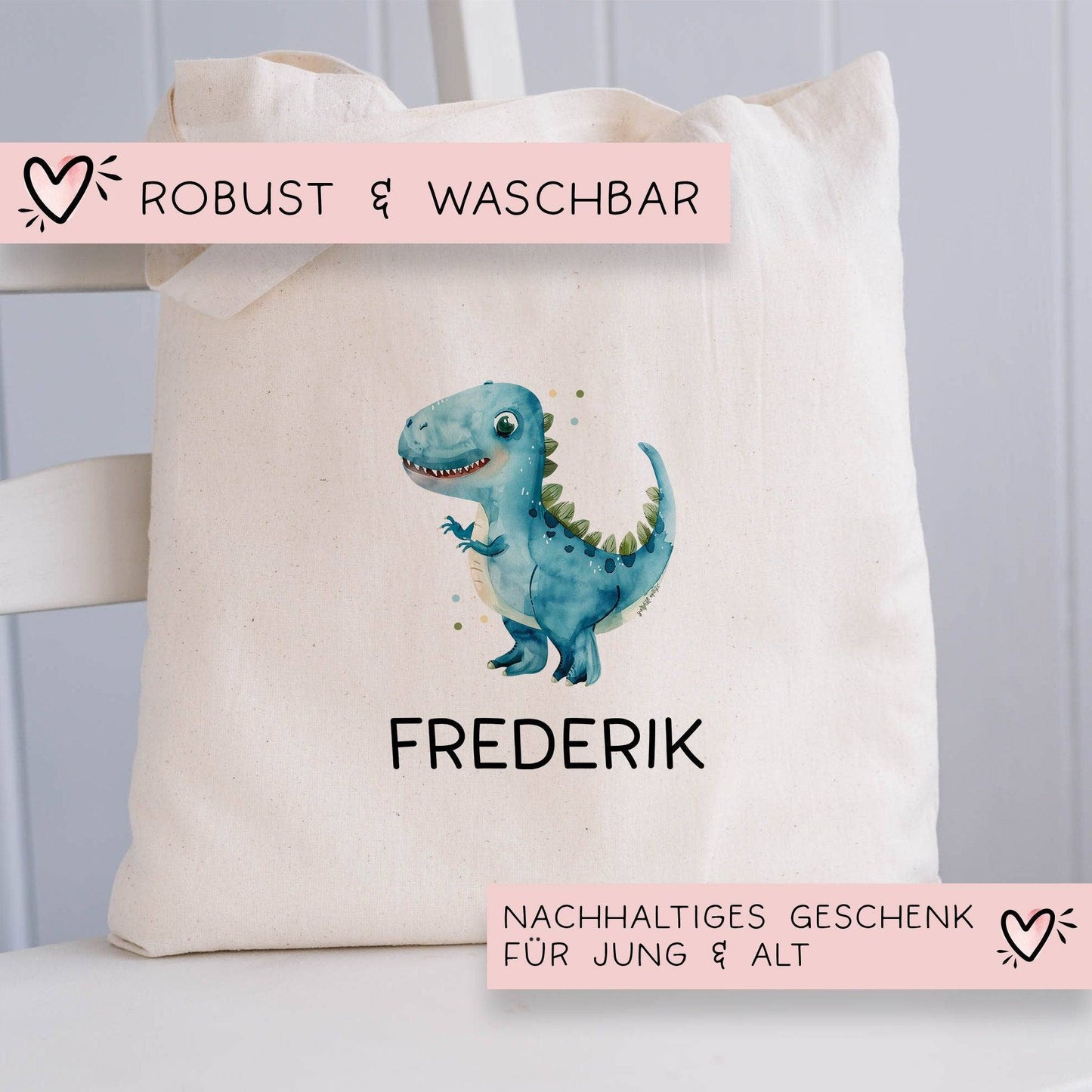 Stoffbeutel Dinosaurier Dino Stofftasche Tyrannosaurus Rex Tasche personalisiert Kinder-Beutel als Sporttasche, Wechselwäsche, Kita & Schule kleinebuchstaben