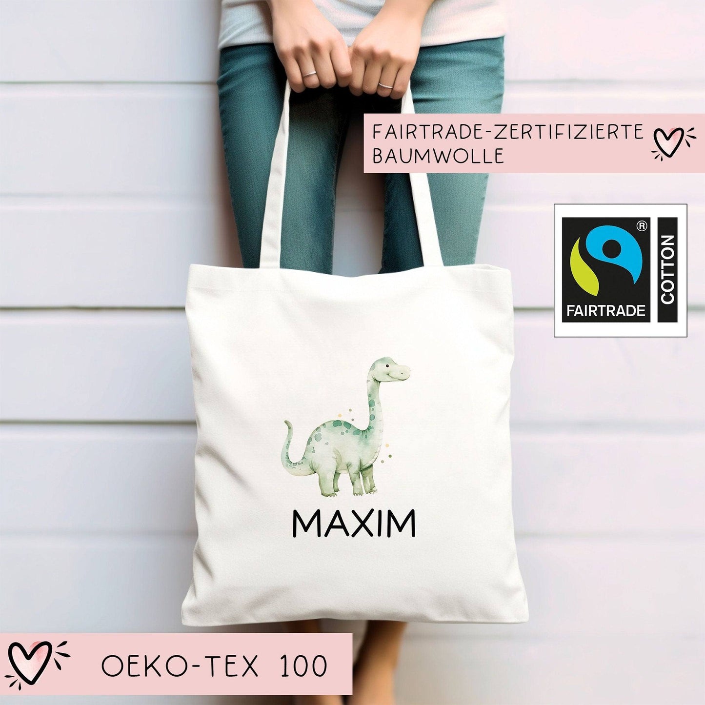 Kinder-Beutel Stoffbeutel Dinosaurier Dino Wunschname Stofftasche Brontosaurus Tasche personalisiert als Sporttasche, Wechselwäsche & Schule kleinebuchstaben
