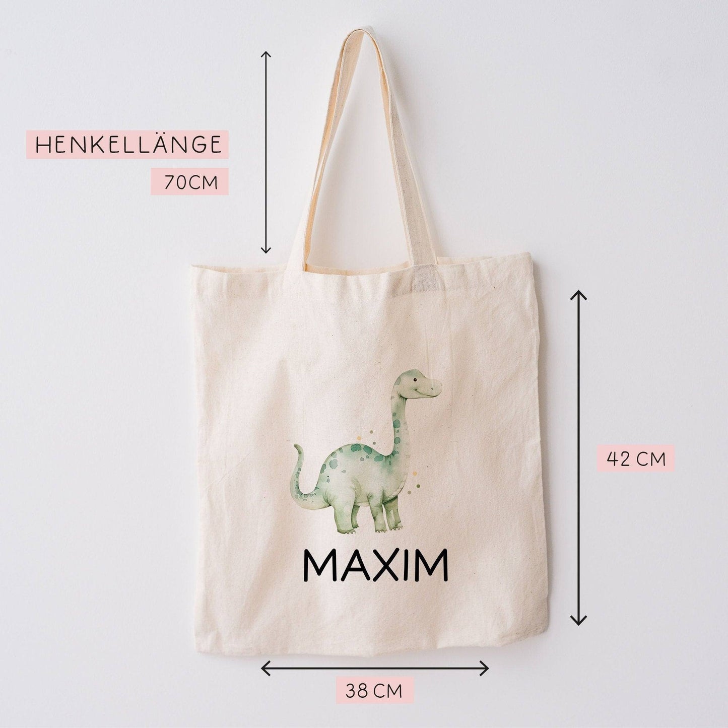 Kinder-Beutel Stoffbeutel Dinosaurier Dino Wunschname Stofftasche Brontosaurus Tasche personalisiert als Sporttasche, Wechselwäsche & Schule kleinebuchstaben