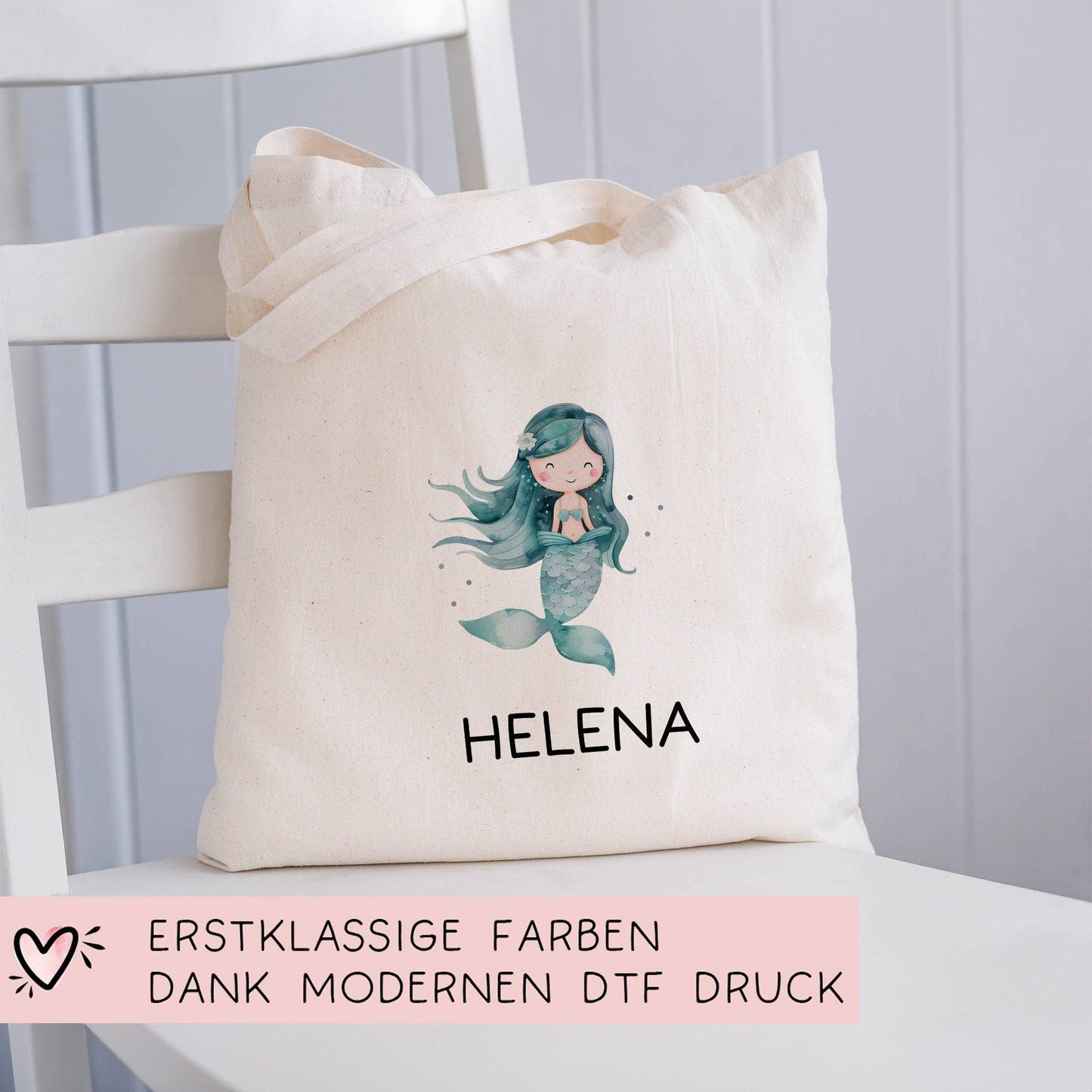 Stofftasche Meerjungfrau Personalisiert mit Wunschnamen Kinder-Beutel für Schule, Kindergarten, Wäschebeutel, Sportbeutel, Wechselwäsche kleinebuchstaben