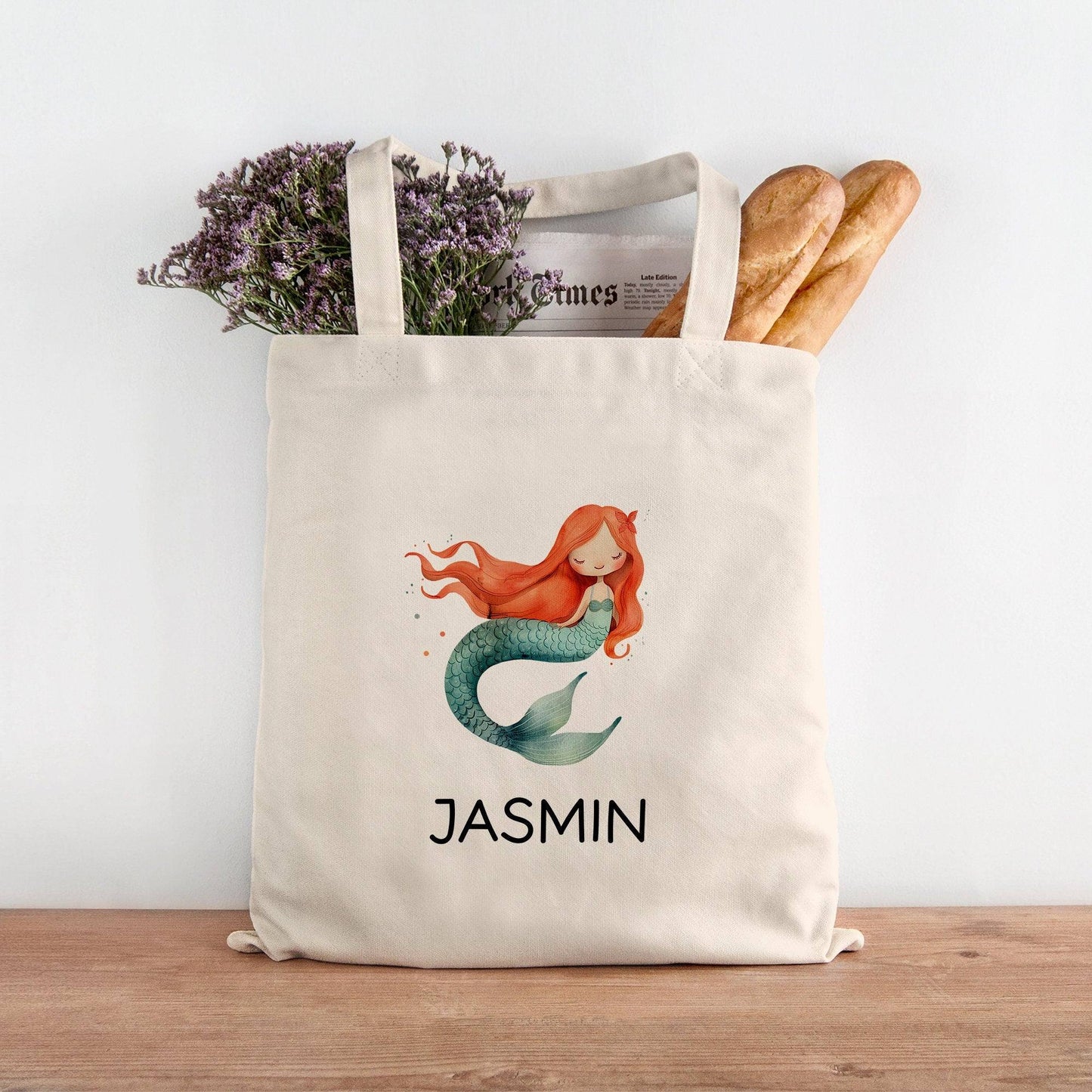 Meerjungfrau Stofftasche Personalisiert mit Wunschnamen Kinder-Beutel für Schule, Kindergarten, Wäschebeutel, Sportbeutel, Wechselwäsche kleinebuchstaben
