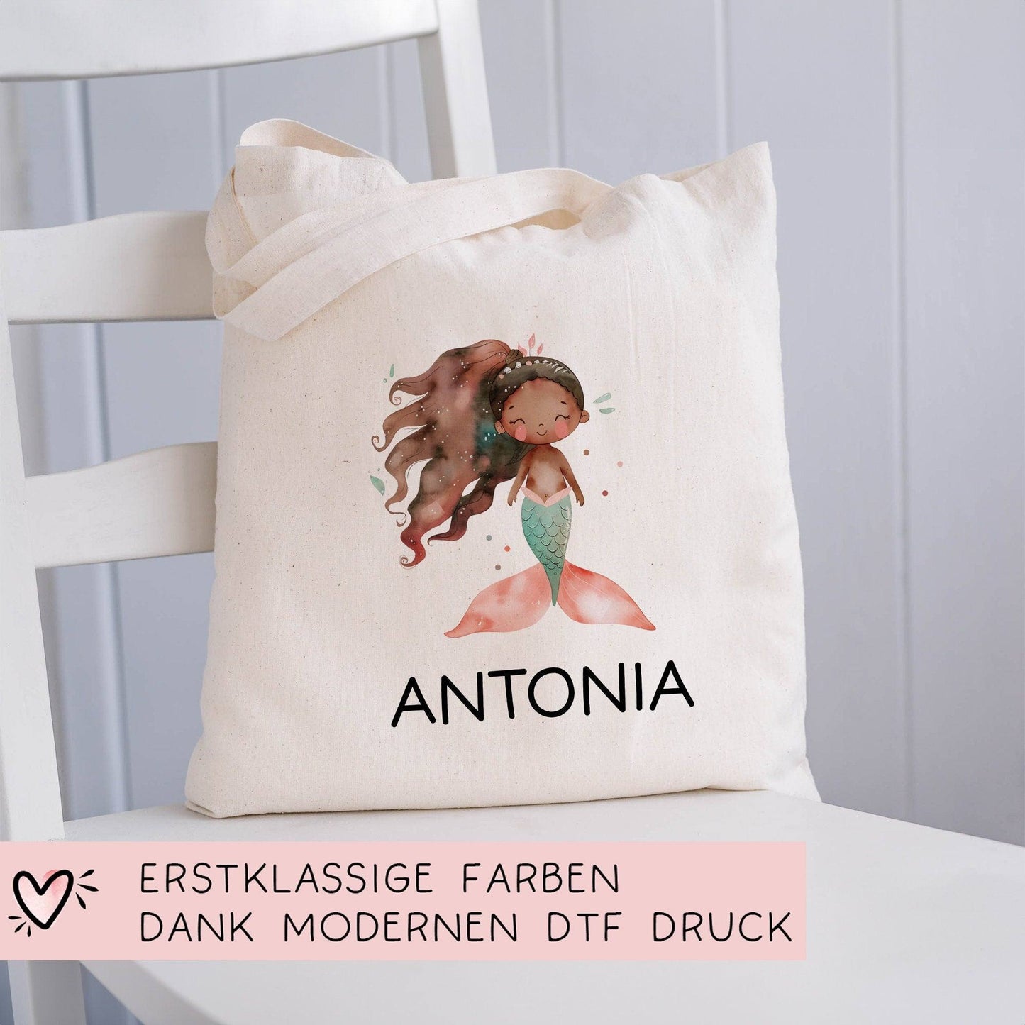 Kinder-Beutel Meerjungfrau Stofftasche Personalisiert mit Wunschnamen für Schule, Kindergarten, Wäschebeutel, Sportbeutel, Wechselwäsche kleinebuchstaben