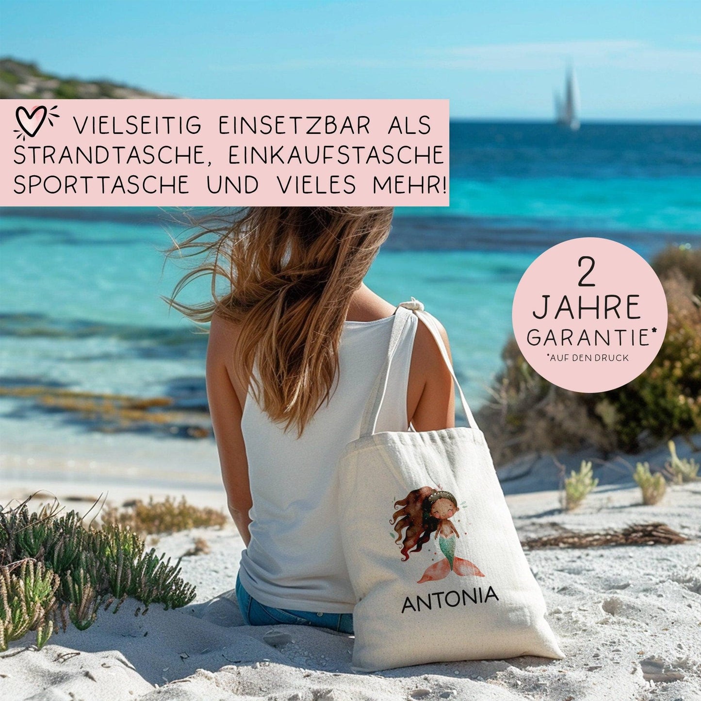 Kinder-Beutel Meerjungfrau Stofftasche Personalisiert mit Wunschnamen für Schule, Kindergarten, Wäschebeutel, Sportbeutel, Wechselwäsche kleinebuchstaben