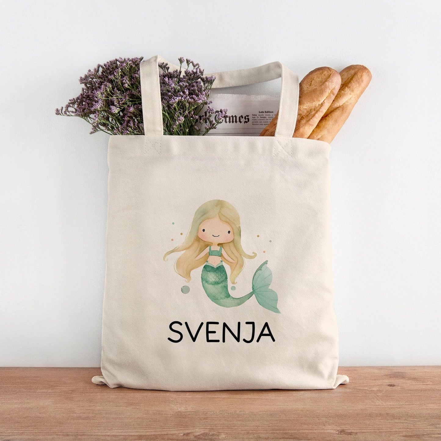 Wäschebeutel Meerjungfrau Kinder-Beutel Stofftasche Personalisiert mit Wunschnamen für Schule, Kindergarten, Sportbeutel, Wechselwäsche kleinebuchstaben