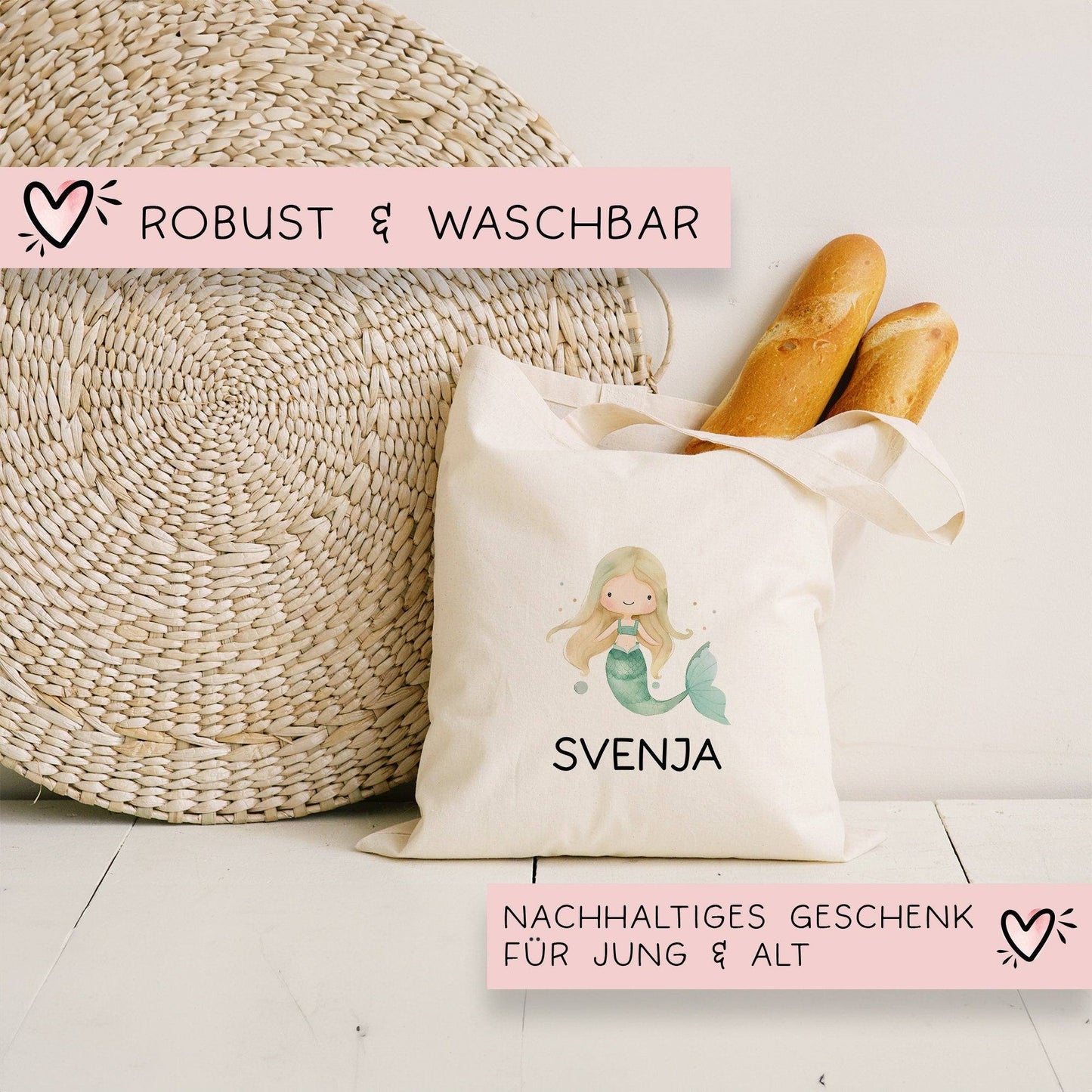 Wäschebeutel Meerjungfrau Kinder-Beutel Stofftasche Personalisiert mit Wunschnamen für Schule, Kindergarten, Sportbeutel, Wechselwäsche kleinebuchstaben