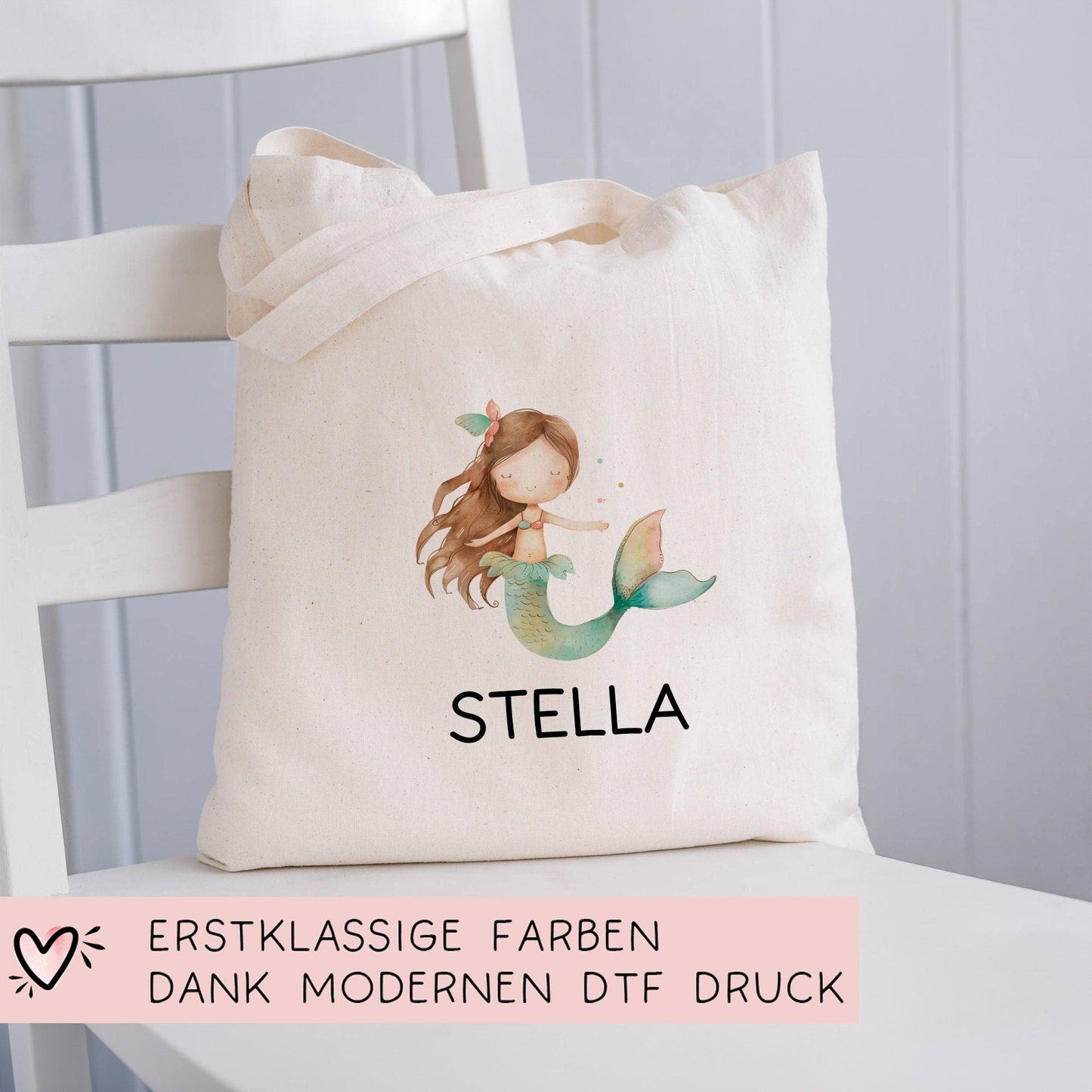 Kindergarten Einschulung Meerjungfrau Kinder-Beutel Stofftasche Personalisiert mit Wunschnamen für Schule, Wäschebeutel, Wechselwäsche kleinebuchstaben