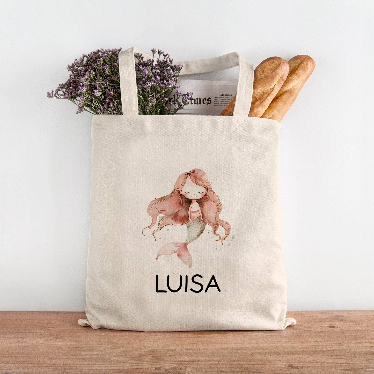 Einschulung Stofftasche Meerjungfrau Personalisiert Kindergarten Wäschebeutel Kinder-Beutel mit Wunschnamen für Schule, Wechselwäsche kleinebuchstaben