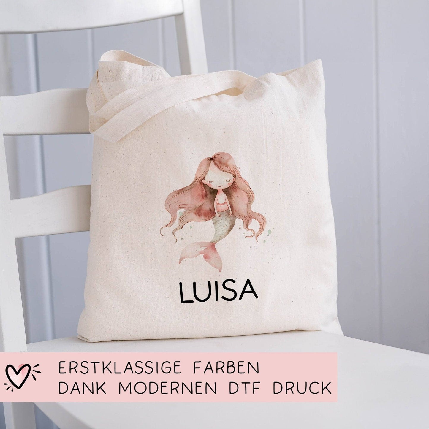 Einschulung Stofftasche Meerjungfrau Personalisiert Kindergarten Wäschebeutel Kinder-Beutel mit Wunschnamen für Schule, Wechselwäsche kleinebuchstaben