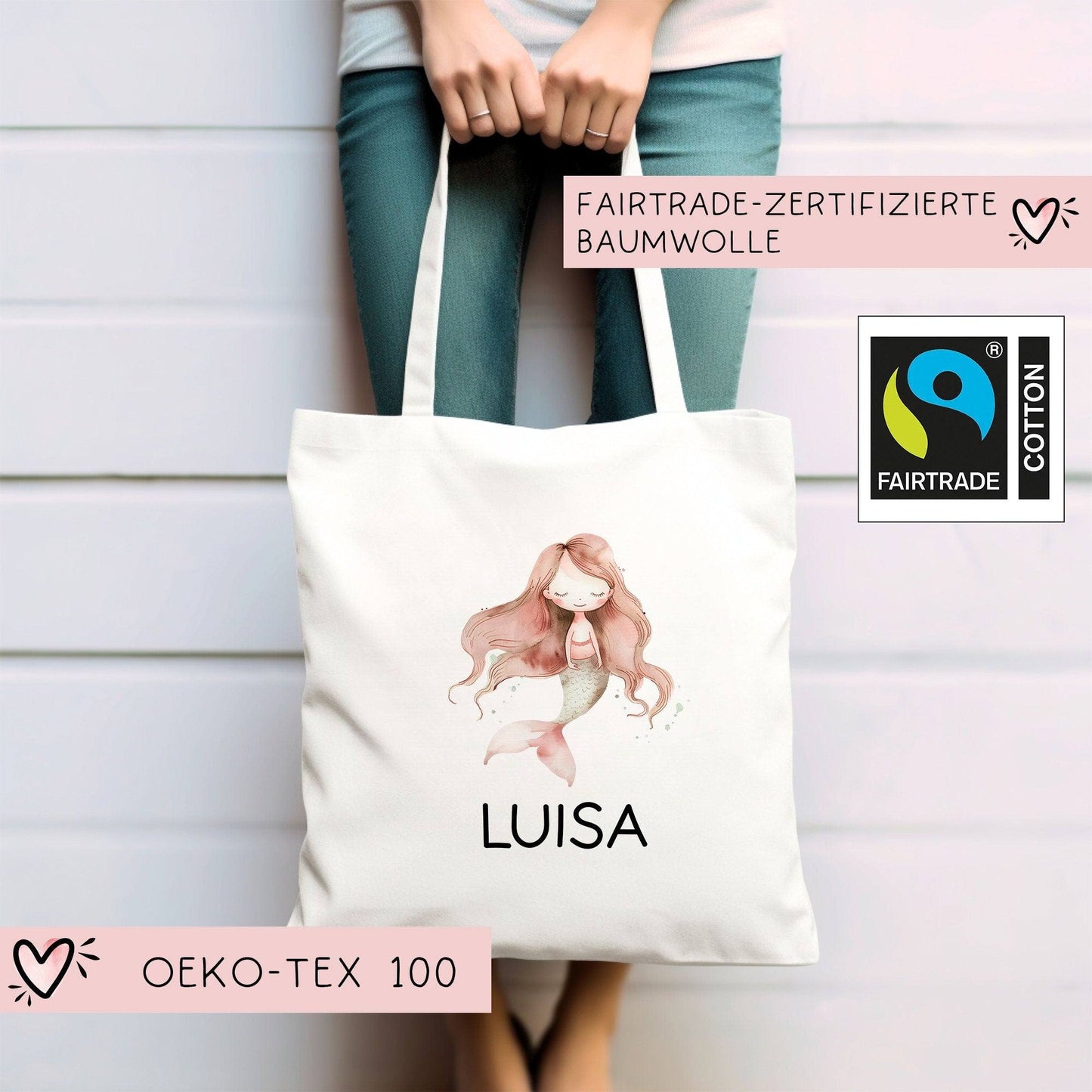 Einschulung Stofftasche Meerjungfrau Personalisiert Kindergarten Wäschebeutel Kinder-Beutel mit Wunschnamen für Schule, Wechselwäsche kleinebuchstaben