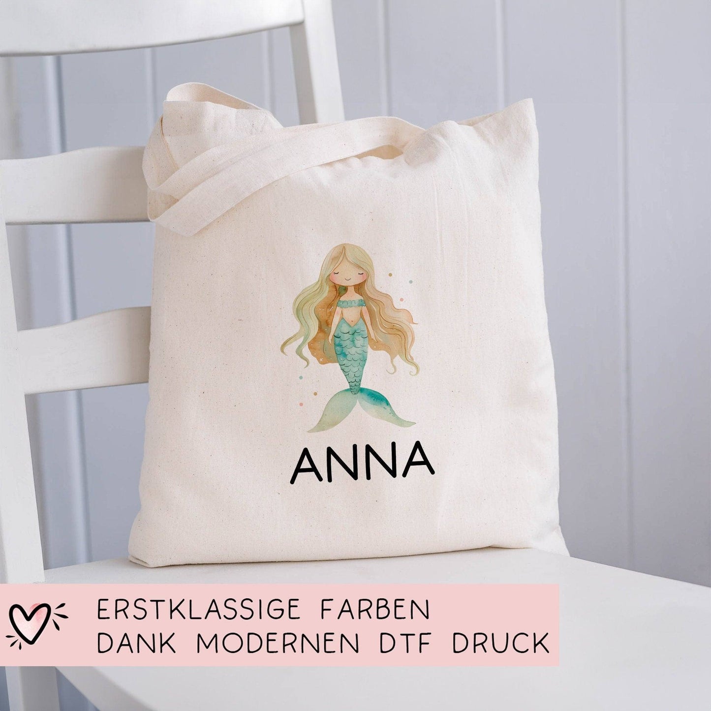 Einschulung Stofftasche Personalisiert Meerjungfrau Kindergarten Wäschebeutel Kinder-Beutel mit Wunschnamen für Schule, Wechselwäsche kleinebuchstaben