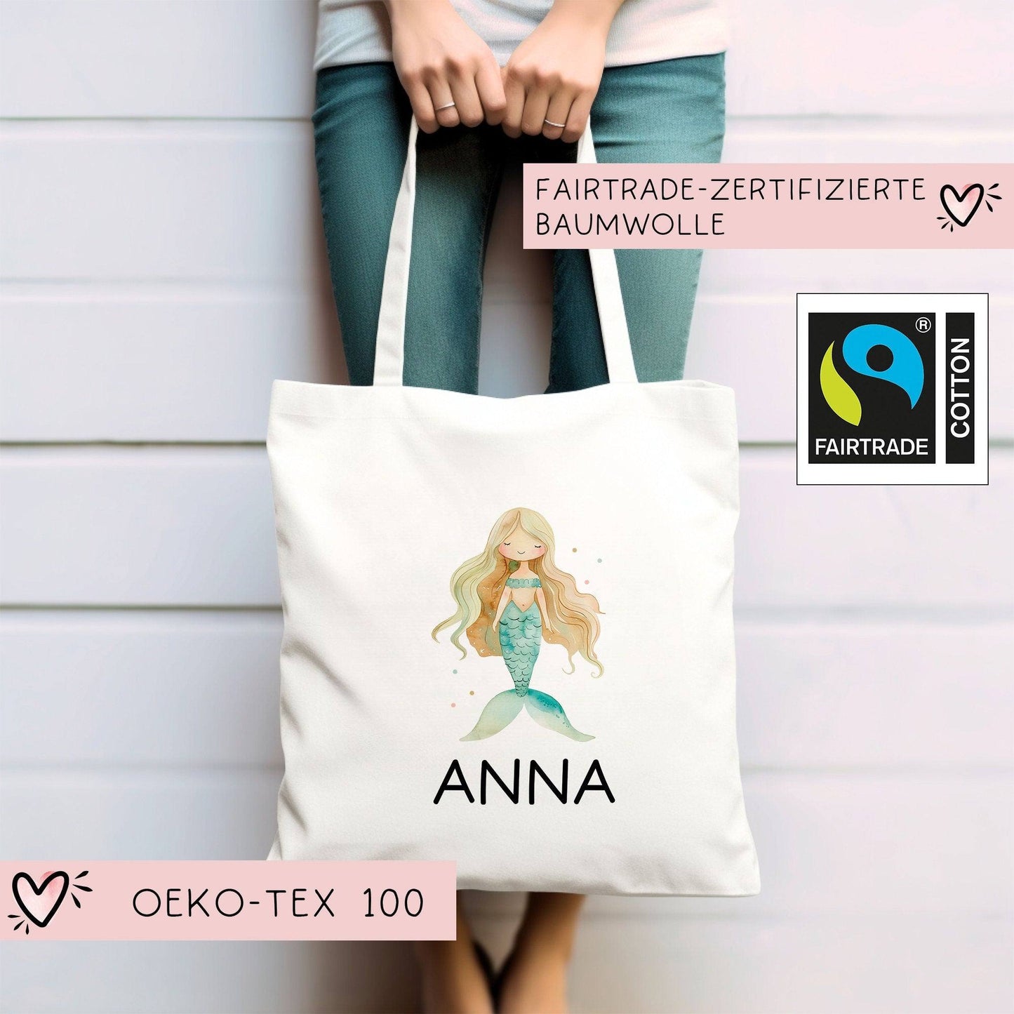 Einschulung Stofftasche Personalisiert Meerjungfrau Kindergarten Wäschebeutel Kinder-Beutel mit Wunschnamen für Schule, Wechselwäsche kleinebuchstaben